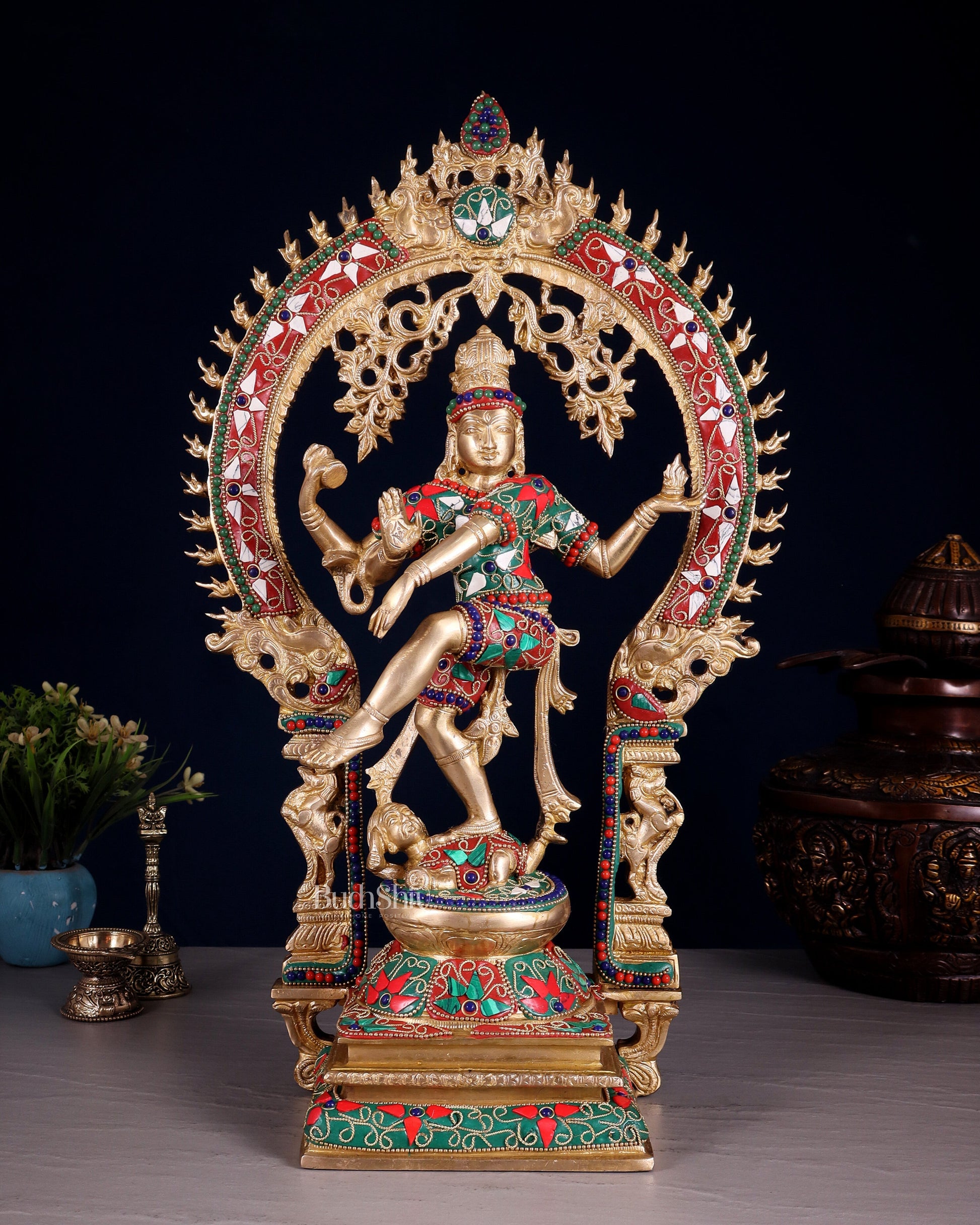 Brass Nataraja Dancing Shiva Superfine Sculpture - 18" Floral stonework | 100% Certified Copper & Brass - Sama Homes Idol - Brass Sculpture - Eco-friendly - Sama Homes