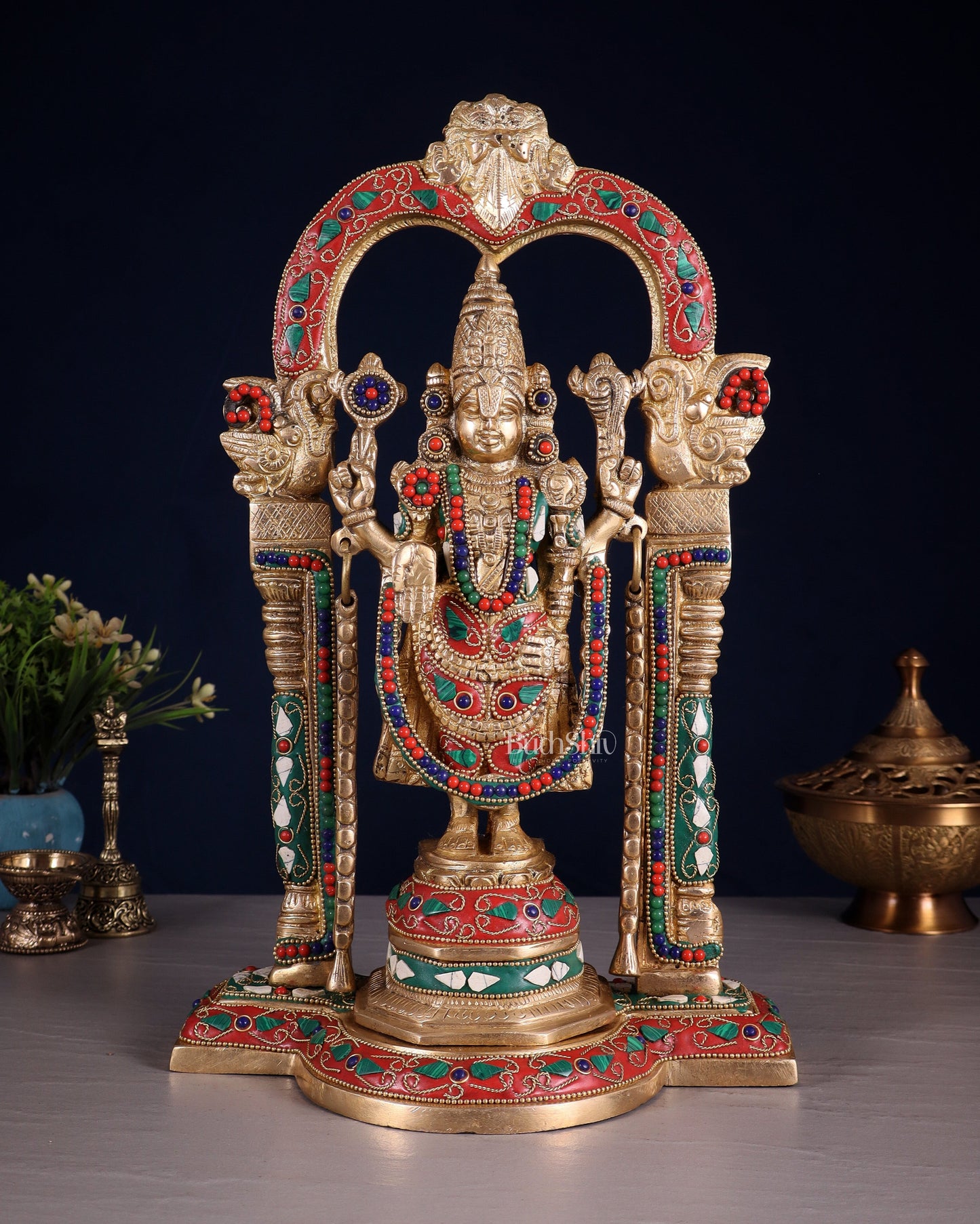 Brass Tirupati Balaji Statue 14" floral stones - Sama Homes Idol - Brass Sculpture