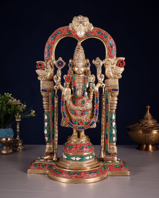 Brass Tirupati Balaji Statue 14" floral stones - Sama Homes Idol - Brass Sculpture