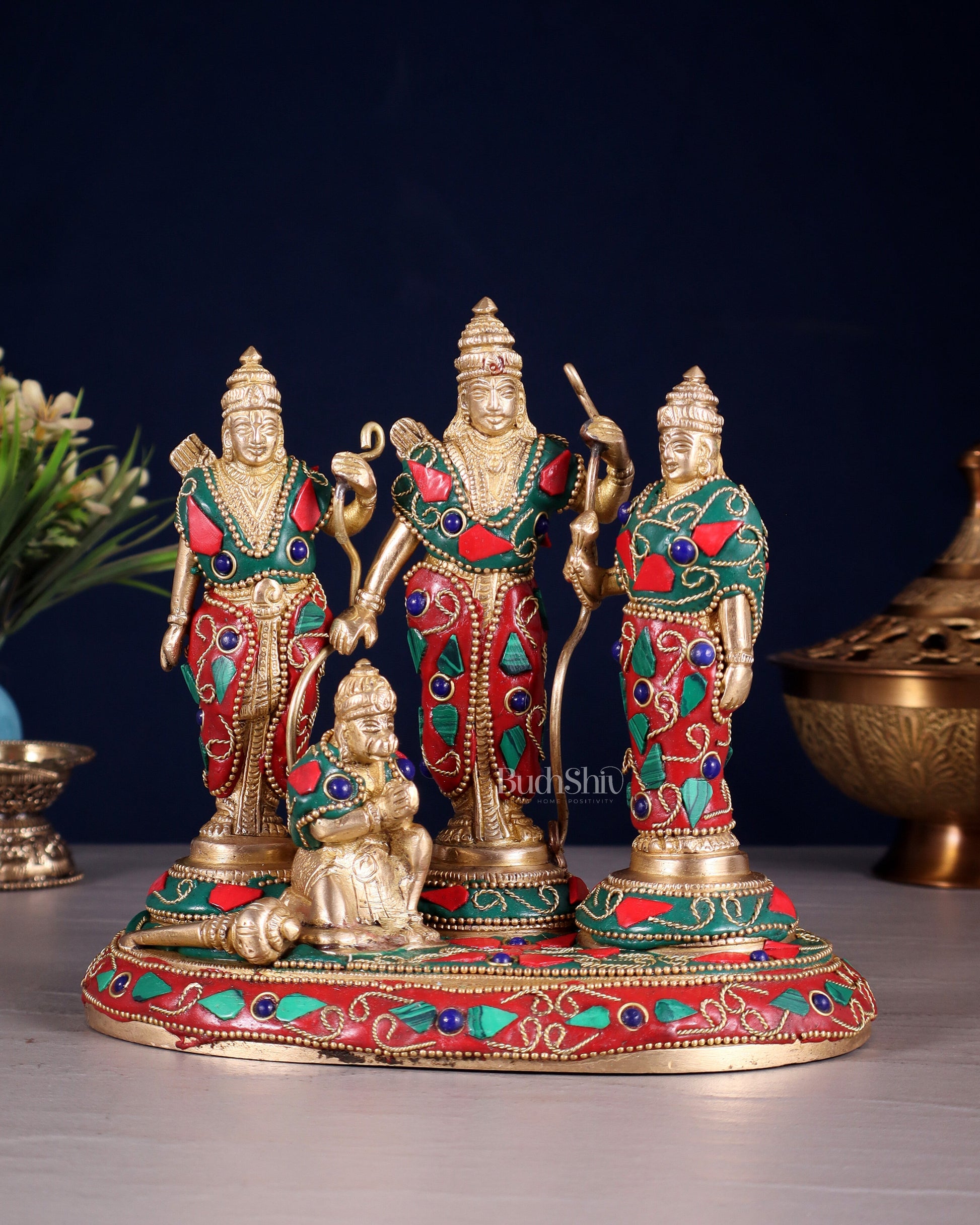 Pure Brass Ram Darbar Idol – Floral stonework, 7" - Sama Homes Idol - Brass Sculpture - Eco-friendly - Sama Homes