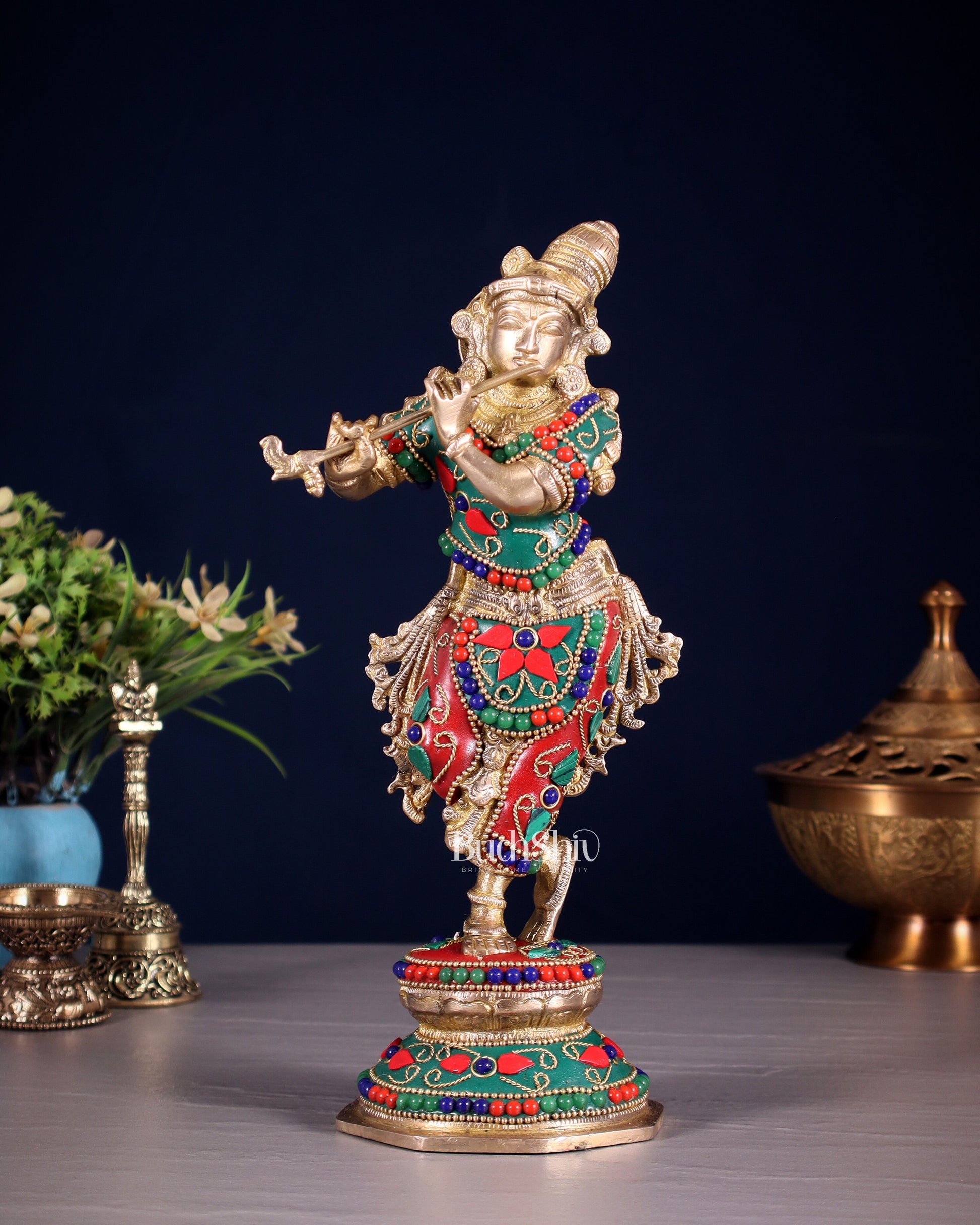 Unique Brass Krishna Statue - floral stonework 9.5 Inches - Sama Homes Idol - Brass Sculpture - Eco-friendly - Sama Homes