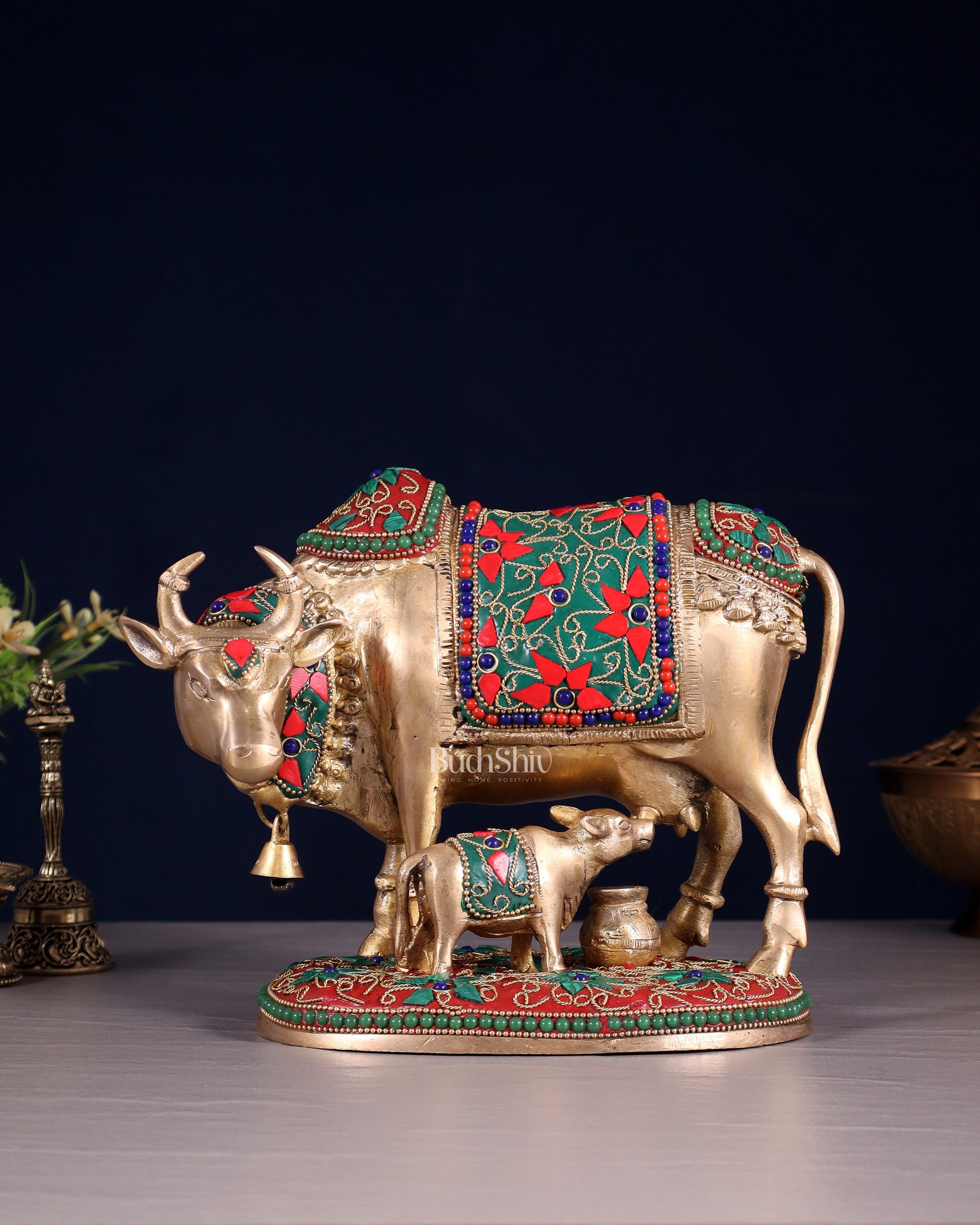 Pure Brass Kamdhenu Cow with Calf Idol – 8" floral stonework - Eco-friendly - Sama Homes