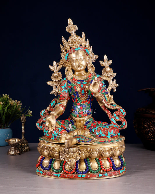 Pure Brass Green Tara Statue | 14" floral stonework - Sama Homes Idol - Brass Sculpture