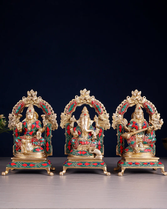 Pure Brass Ganesha, Lakshmi, Saraswati Idol Set | floral Stonework 8" - Sama Homes Idol - Brass Sculpture