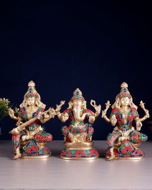 Pure Brass Ganesh Lakshmi Saraswati Idols – Floral Meenakari Stonework 8" - Sama Homes Idol - Brass Sculpture