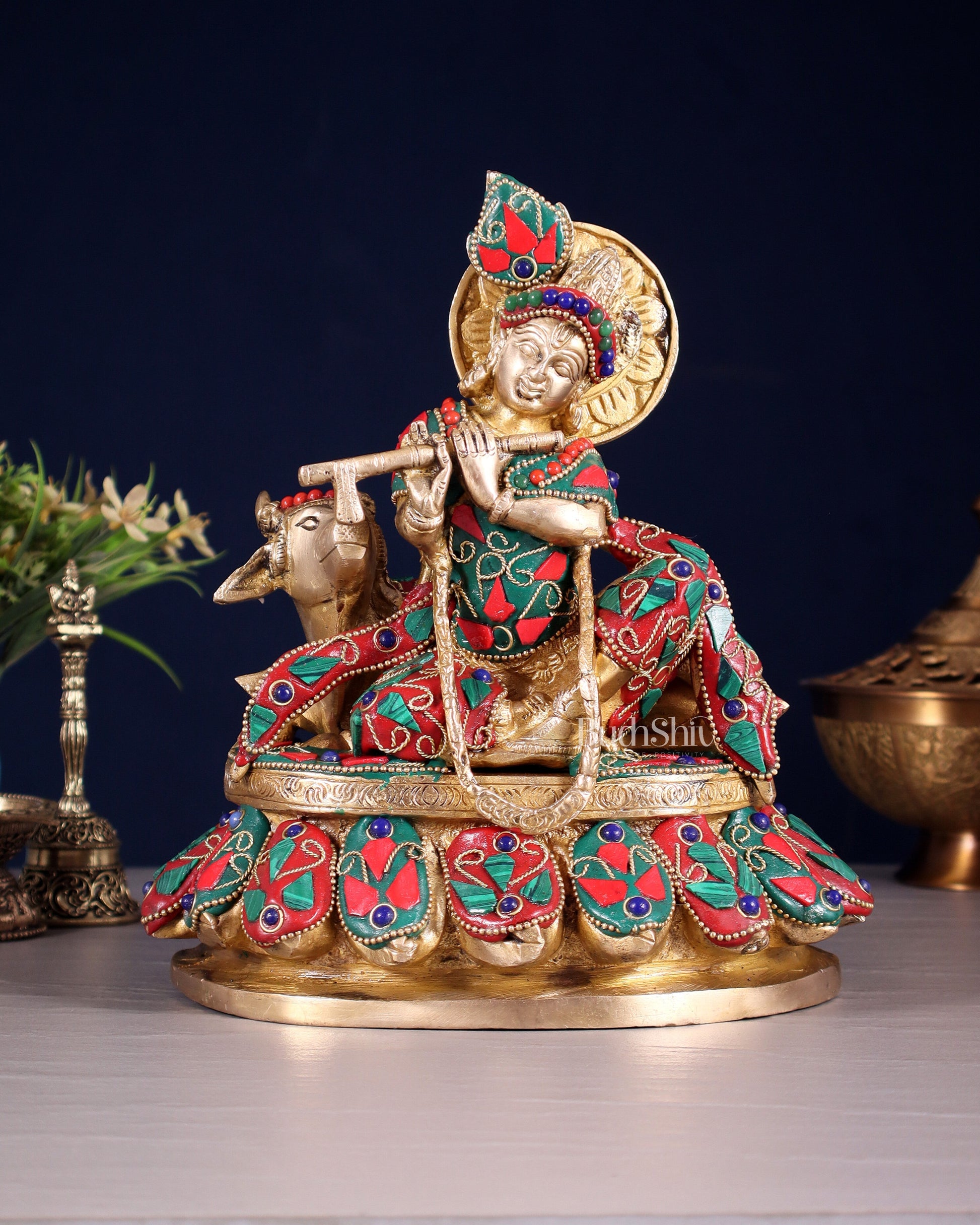 Brass Lord krishna sitting with cow 7.5" | 100% Certified Copper & Brass - Sama Homes Idol - Brass Sculpture - Eco-friendly - Sama Homes