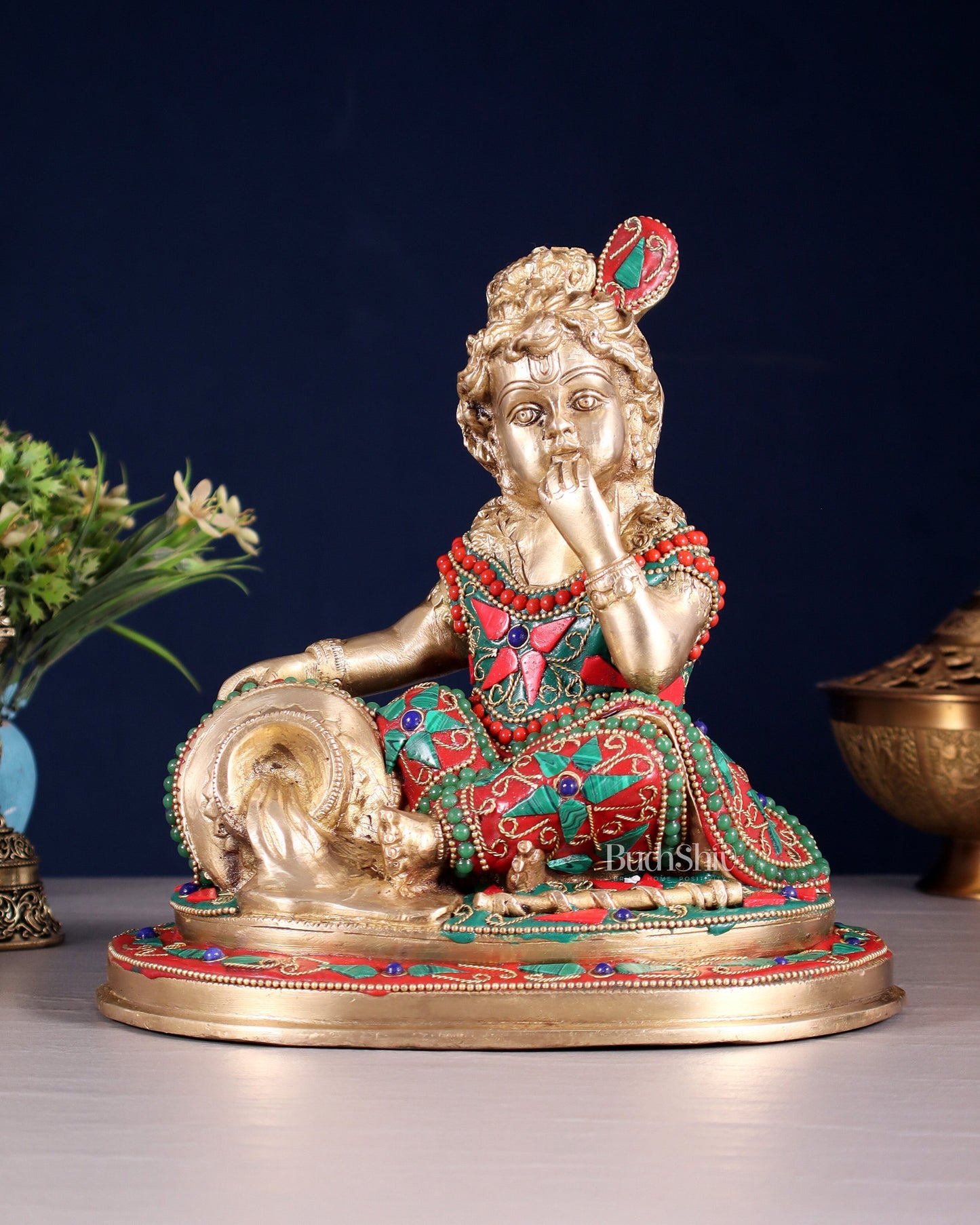 Pure Brass Makhan Chor Baby Krishna Idol | 8" floral stonework - Sama Homes Idol - Brass Sculpture