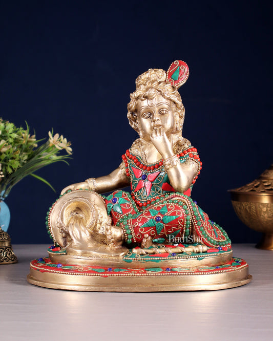 Pure Brass Makhan Chor Baby Krishna Idol | 8" floral stonework - Sama Homes Idol - Brass Sculpture