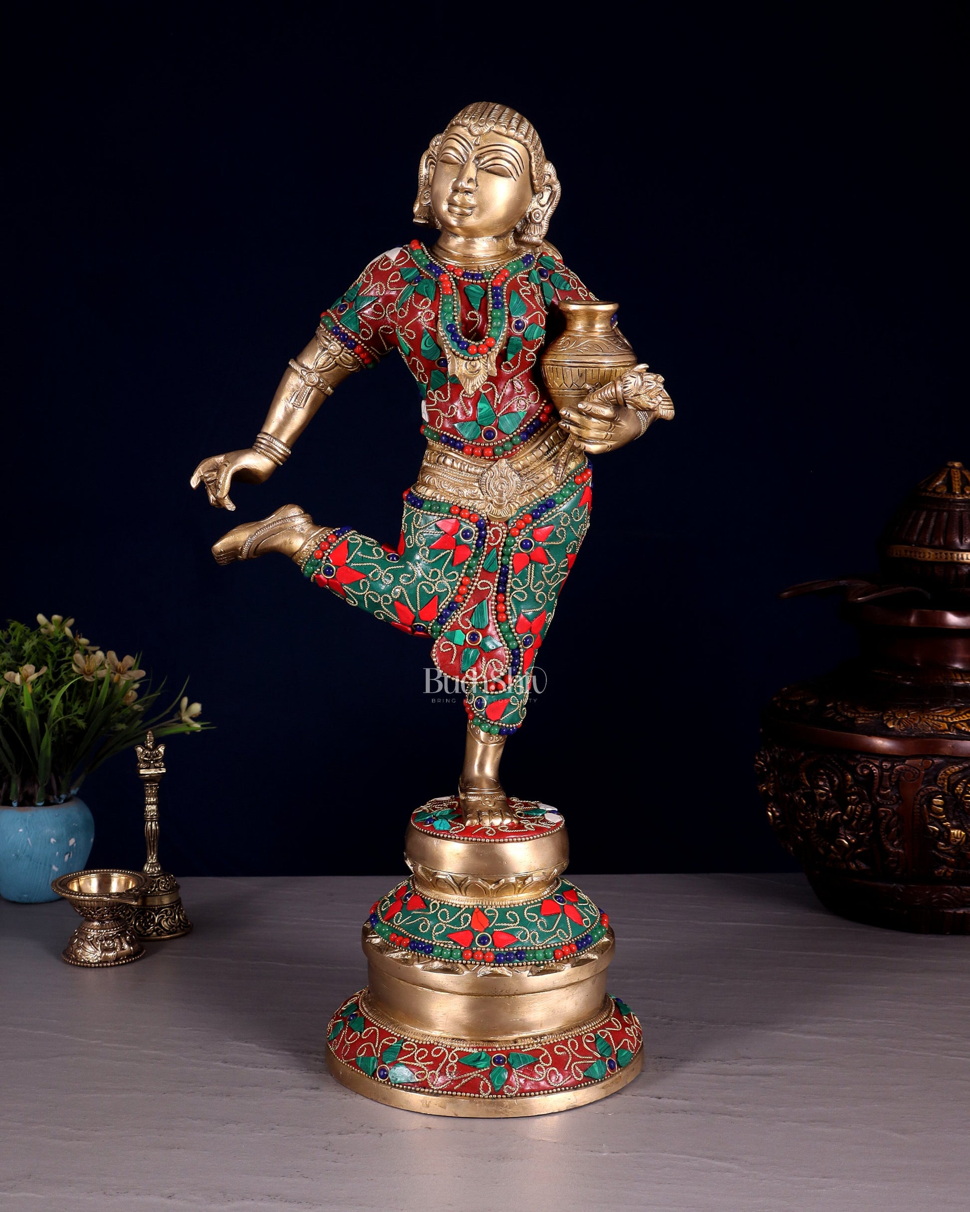 Elegant Brass Pot Lady Sculpture - 16.5" floral stonework - Sama Homes Idol - Brass Sculpture - Eco-friendly - Sama Homes