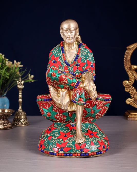 Pure Brass Shirdi Sai Baba Statue with Floral Stonework 9" - Sama Homes Idol - Brass Sculpture