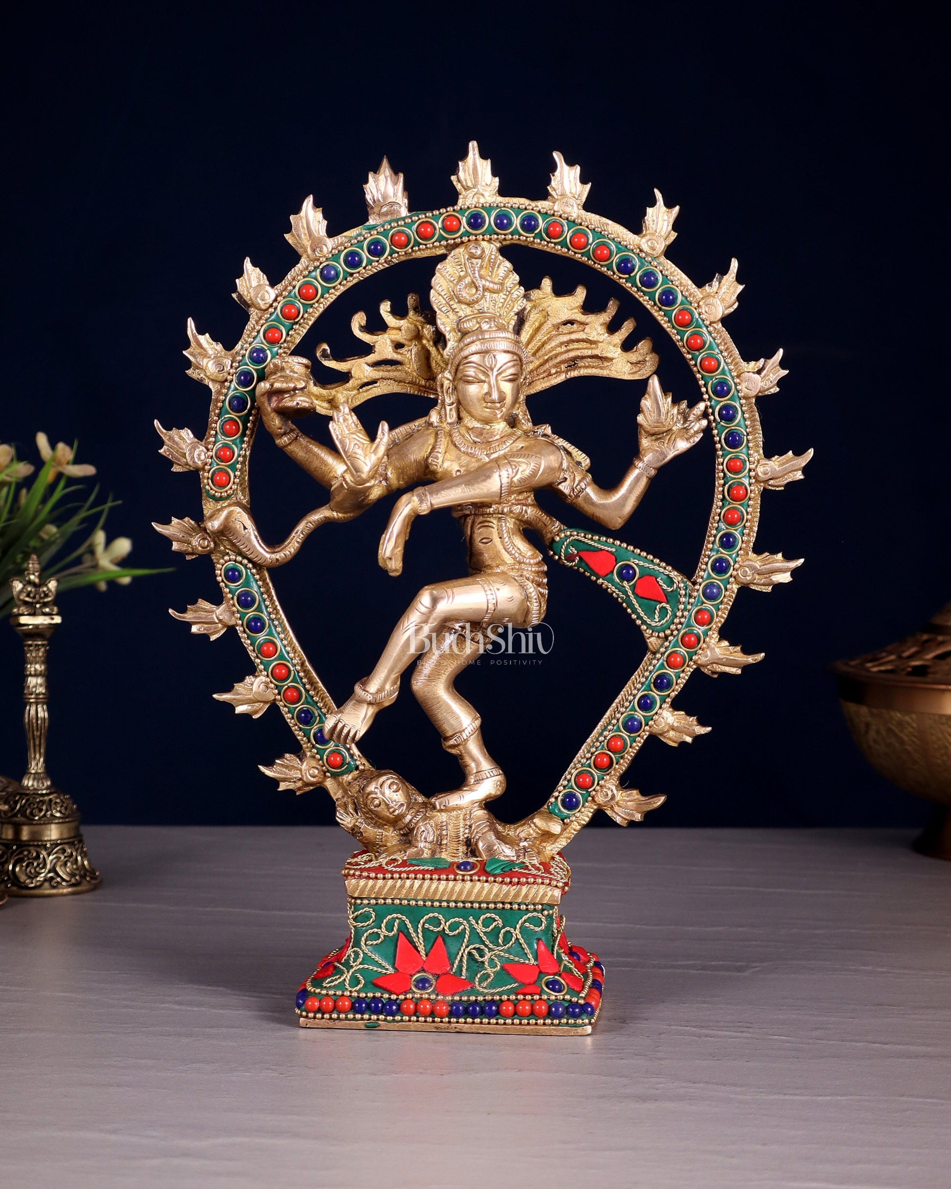 Brass Nataraja with Oval Ring floral stonework 9.3" | 100% Certified Copper & Brass - Sama Homes Idol - Brass Sculpture - Eco-friendly - Sama Homes