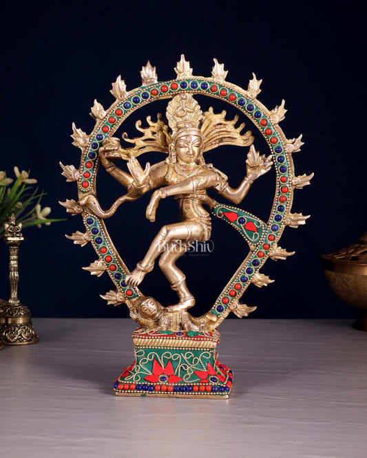 Brass Nataraja with Oval Ring floral stonework 9.3" | 100% Certified Copper & Brass - Sama Homes Idol - Brass Sculpture