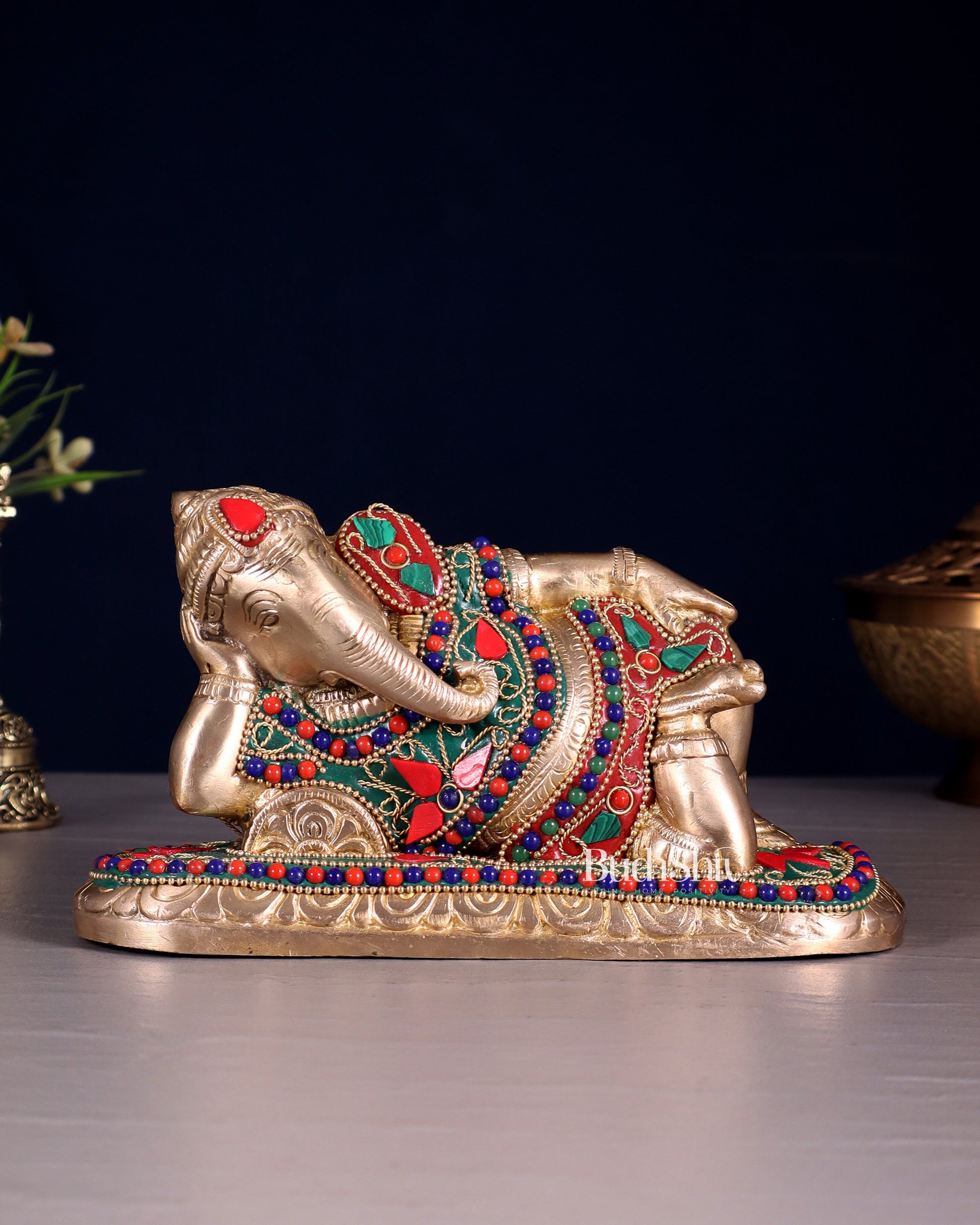 Brass Resting Lord Ganesha Statue 7.5" floral stones | 100% Certified Copper & Brass - Sama Homes Idol - Brass Sculpture - Eco-friendly - Sama Homes