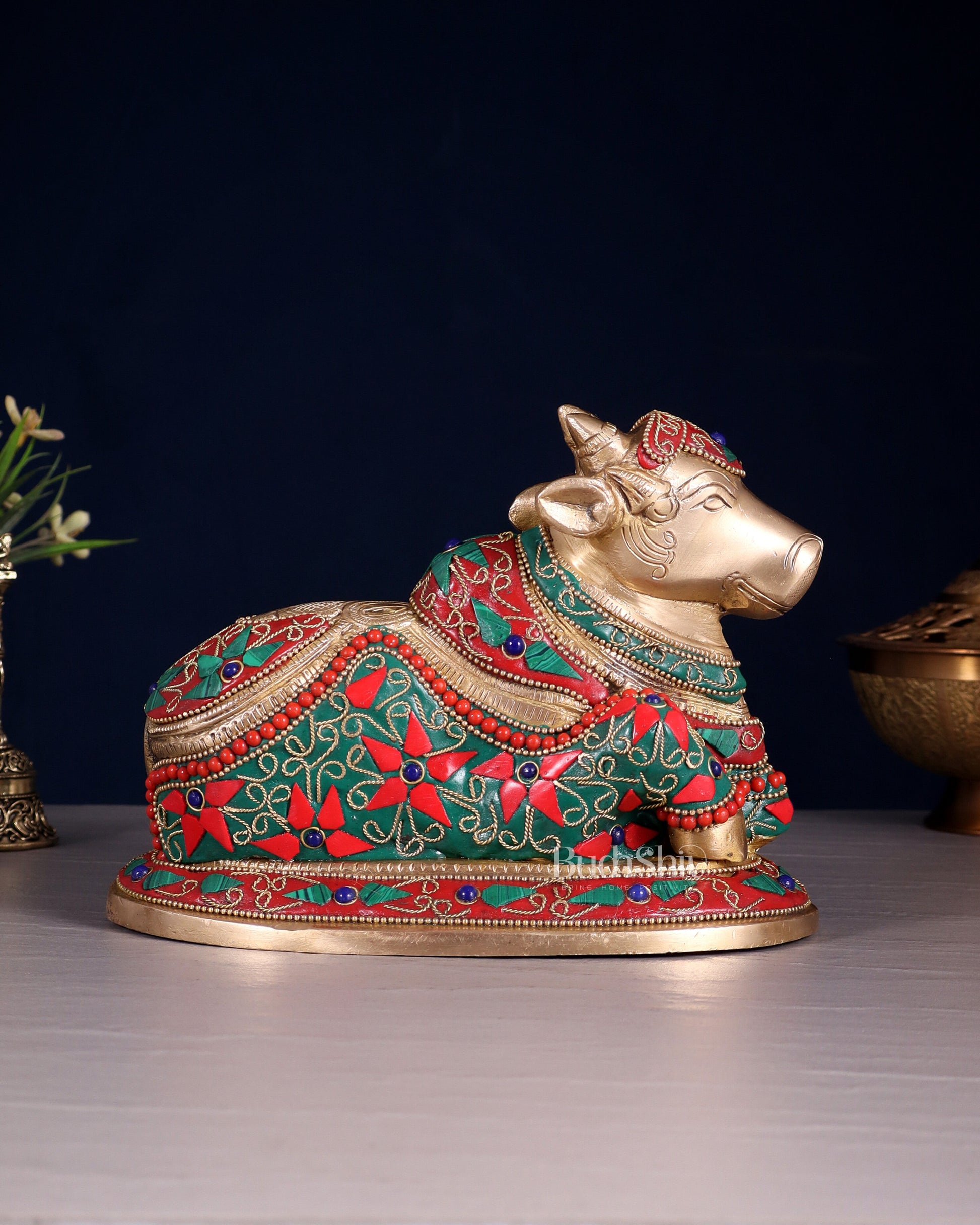 Handcrafted Brass Nandi idol Floral stonework 8" - Sama Homes Idol - Brass Sculpture - Eco-friendly - Sama Homes