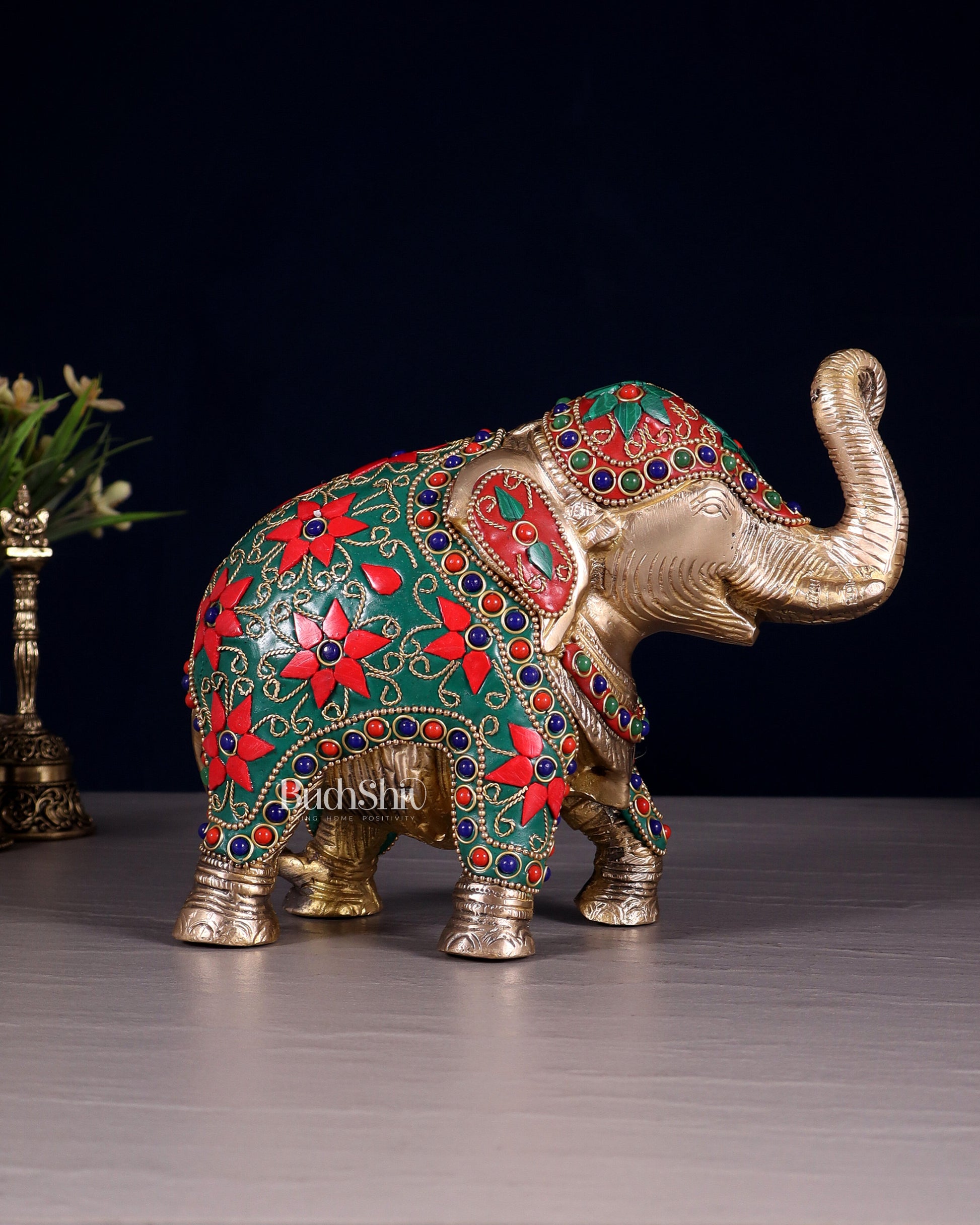 Brass Elephant Statue with Floral Stonework 7" - Eco-friendly - Sama Homes