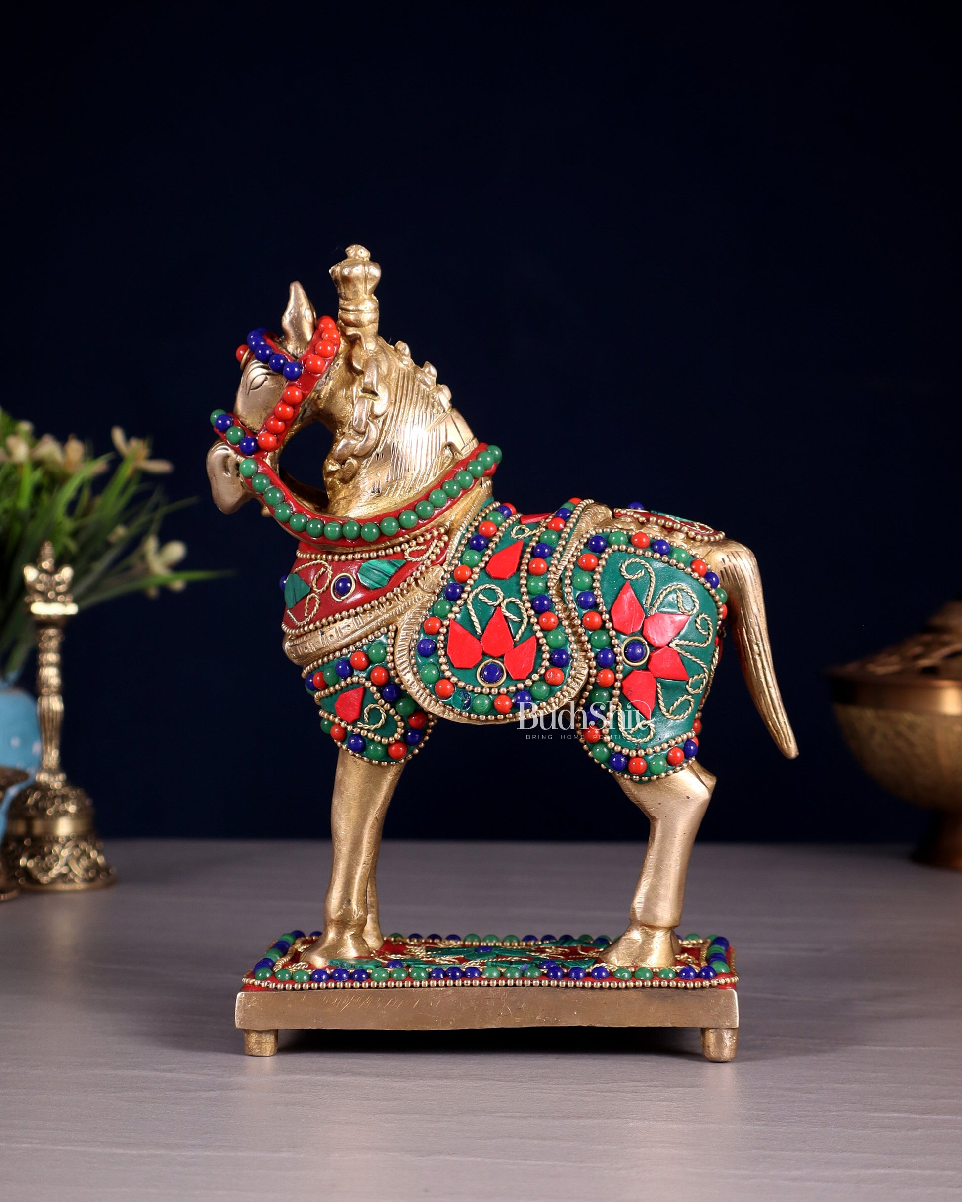 Brass Horse Standing Showpiece Statue floral stonework 7.5" - Eco-friendly - Sama Homes