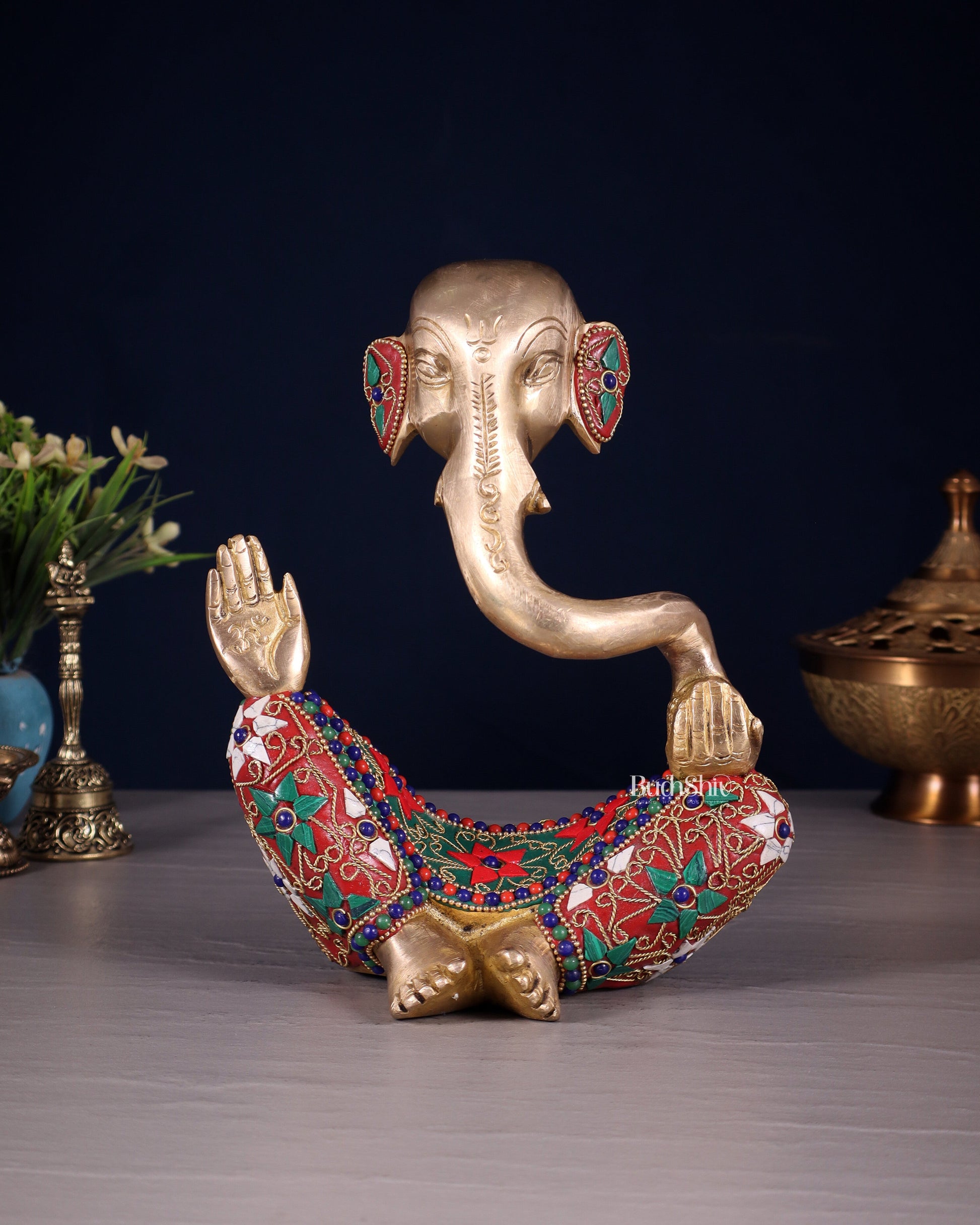 Ganesha modern Idol Abstract Brass with floral stonework 8.5 inch - Sama Homes Idol - Brass Sculpture - Eco-friendly - Sama Homes