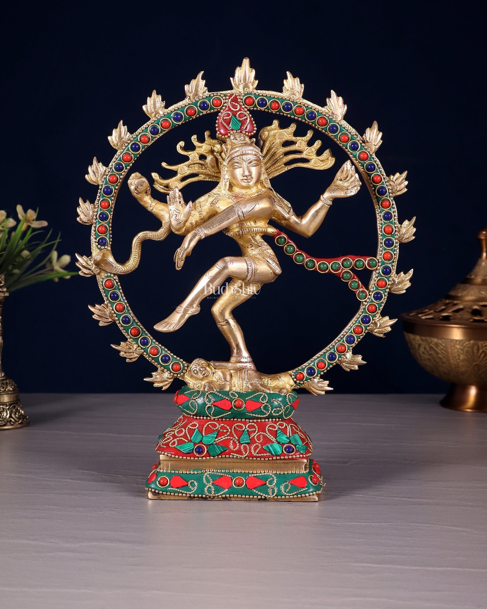 Brass Nataraja Sculpture – 9.2” Floral stonework | 100% Certified Copper & Brass - Sama Homes Idol - Brass Sculpture - Eco-friendly - Sama Homes