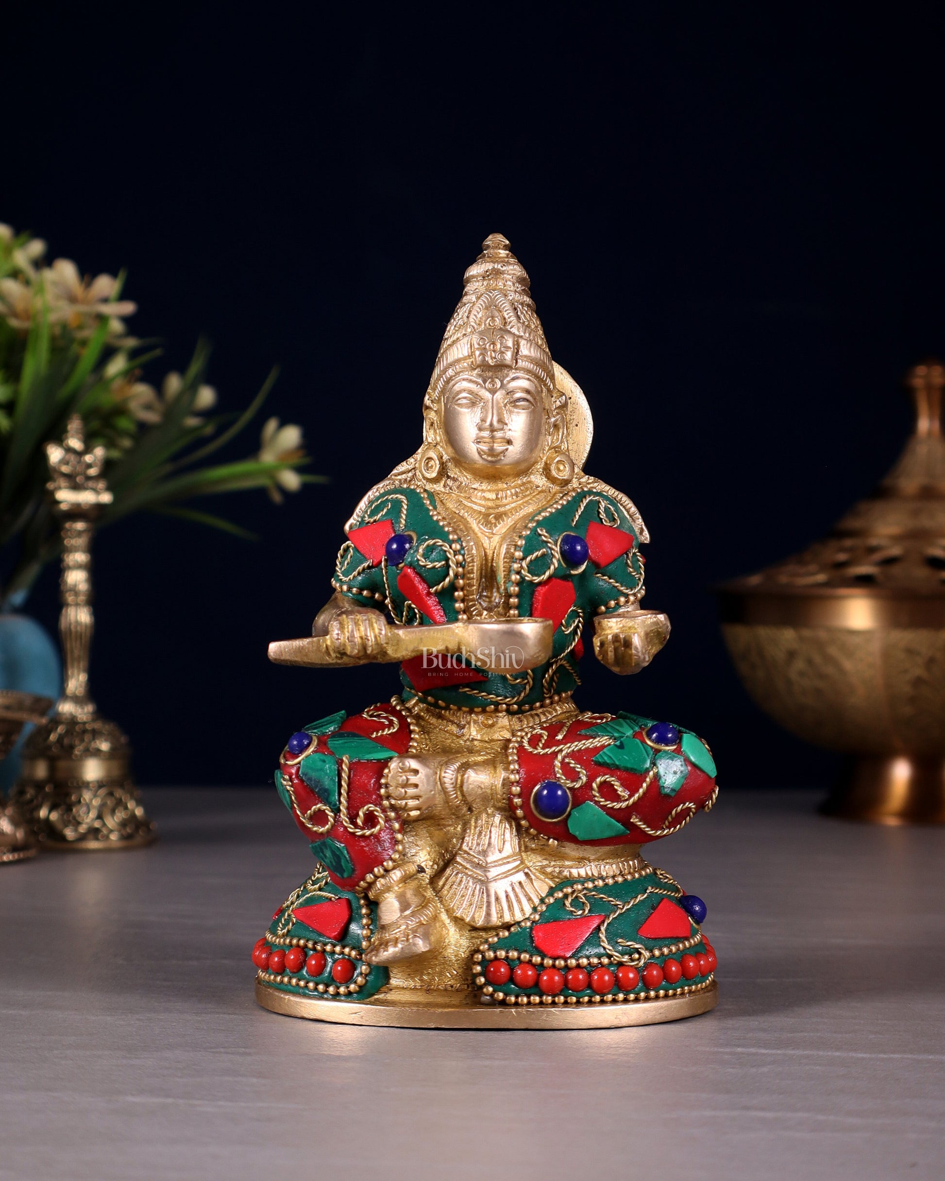 Pure Brass Goddess Annapurna Devi Idol – Stonework 5" - Sama Homes Idol - Brass Sculpture - Eco-friendly - Sama Homes