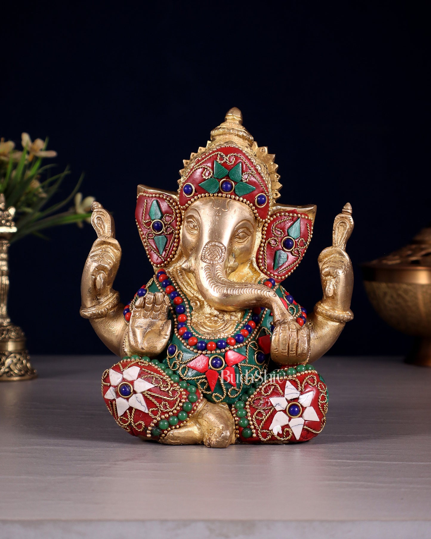Taj Ganesha Brass Sculpture with floral stonework 6" - Sama Homes Idol - Brass Sculpture