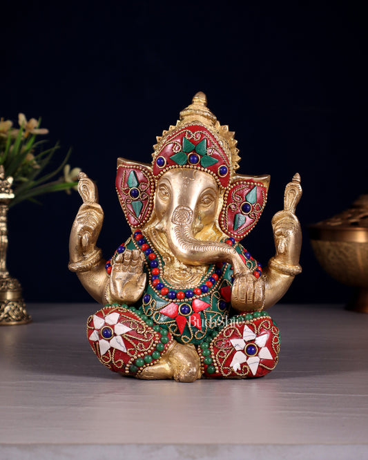 Taj Ganesha Brass Sculpture with floral stonework 6" - Sama Homes Idol - Brass Sculpture