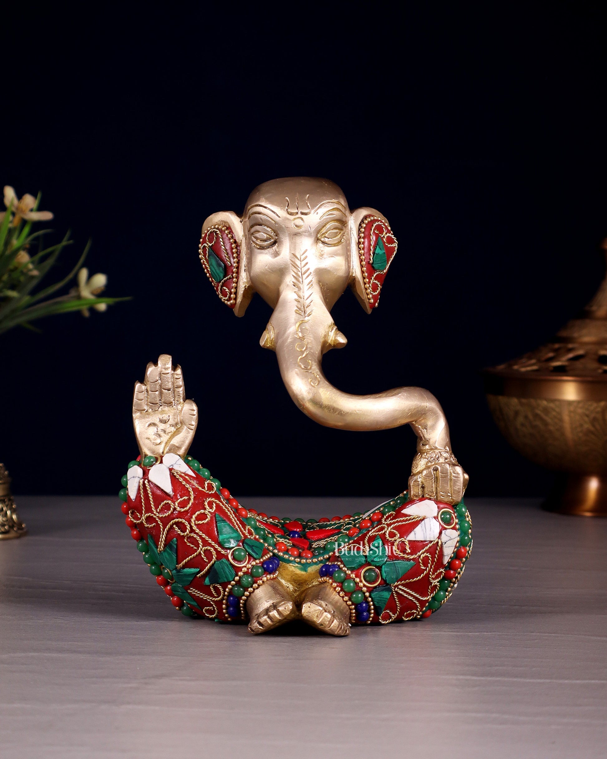 Brass Modern Ganesha Idol | 6" Height | floral Stonework | 100% Certified Copper & Brass - Sama Homes Idol - Brass Sculpture - Eco-friendly - Sama Homes