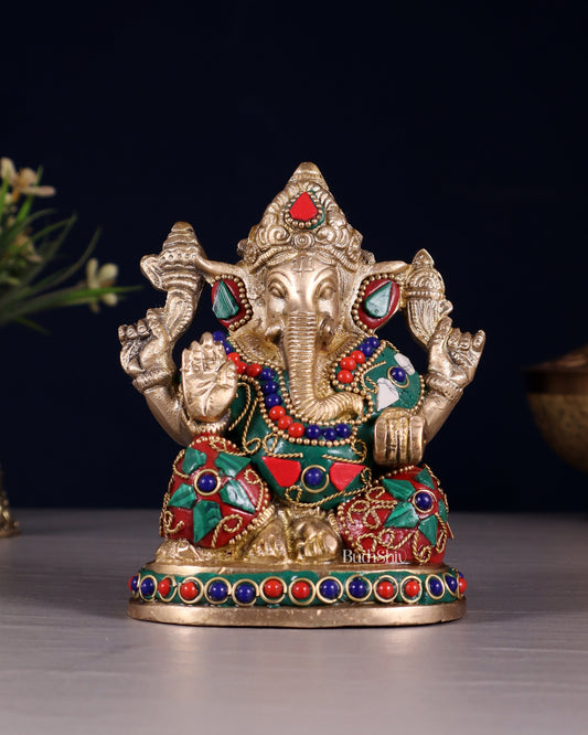 Pure Brass Ganesha Statue with Floral Stonework 5" - Sama Homes Idol - Brass Sculpture