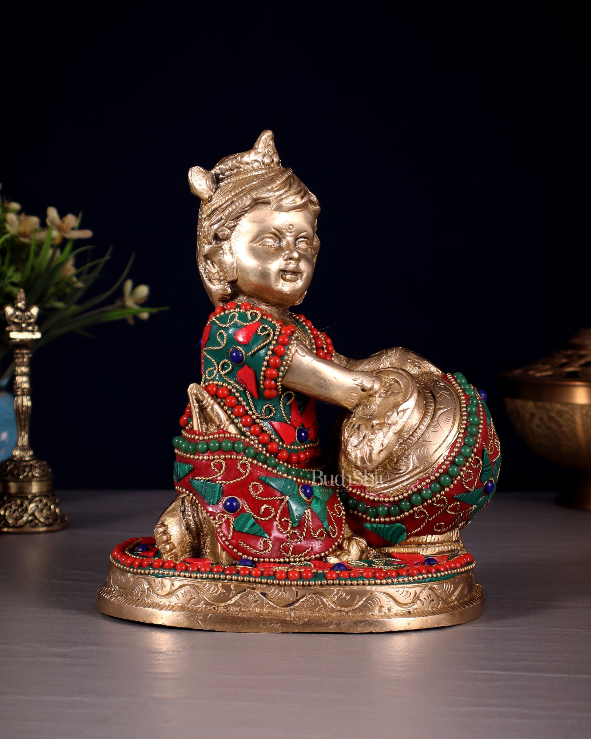 Brass Makhan Chor Idol with Floral Stonework 7" | 100% Certified Copper & Brass - Sama Homes Idol - Brass Sculpture - Eco-friendly - Sama Homes