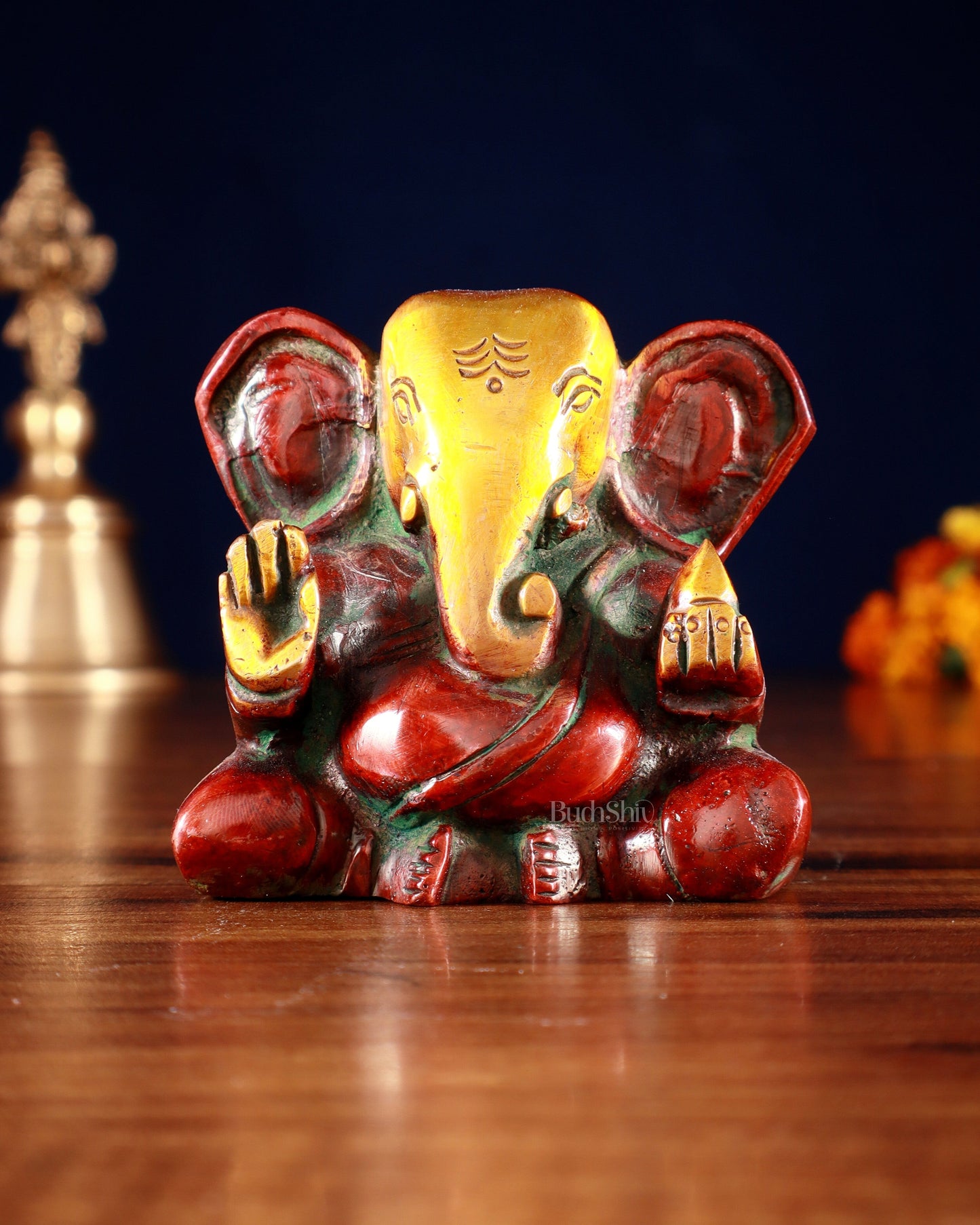 Brass Miniature Appu Ganesh Idol with Big Ears 3" red tone | 100% Certified Copper & Brass - Sama Homes Idol - Brass Sculpture
