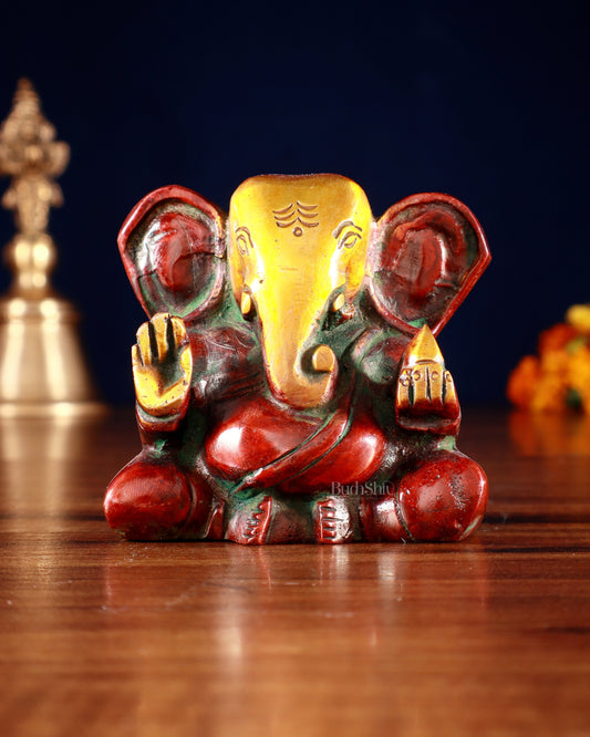 Brass Miniature Appu Ganesh Idol with Big Ears 3" red tone | 100% Certified Copper & Brass - Sama Homes Idol - Brass Sculpture