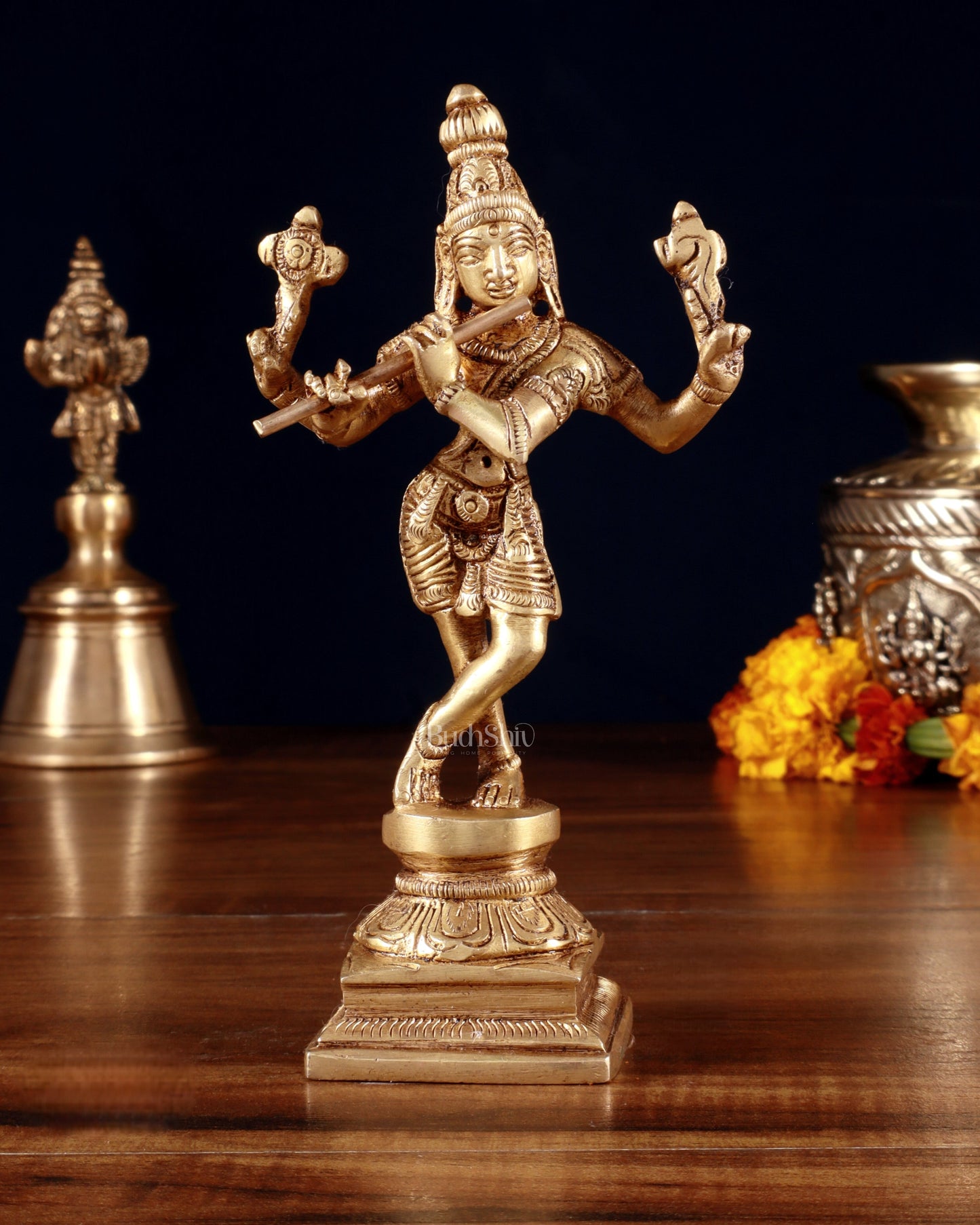 Pure Brass Charbhuja Krishna (Vishnu Roopam) Idol 6" - Sama Homes Idol - Brass Sculpture
