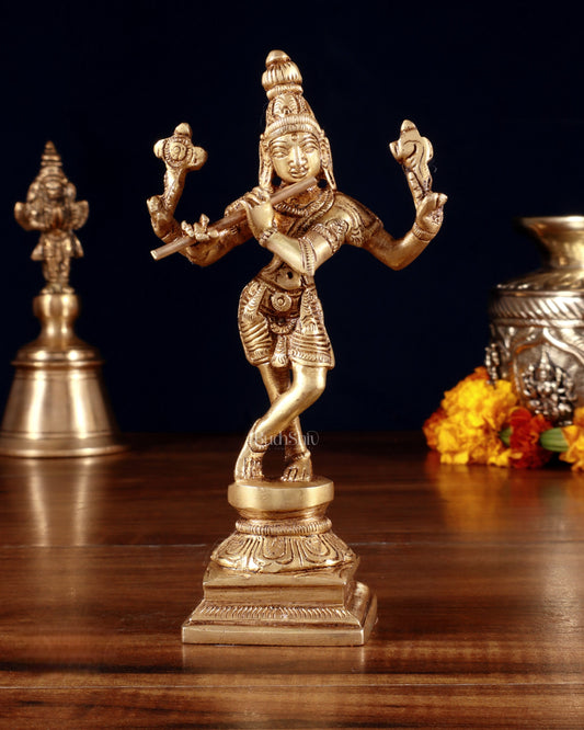 Pure Brass Charbhuja Krishna (Vishnu Roopam) Idol 6" - Sama Homes Idol - Brass Sculpture
