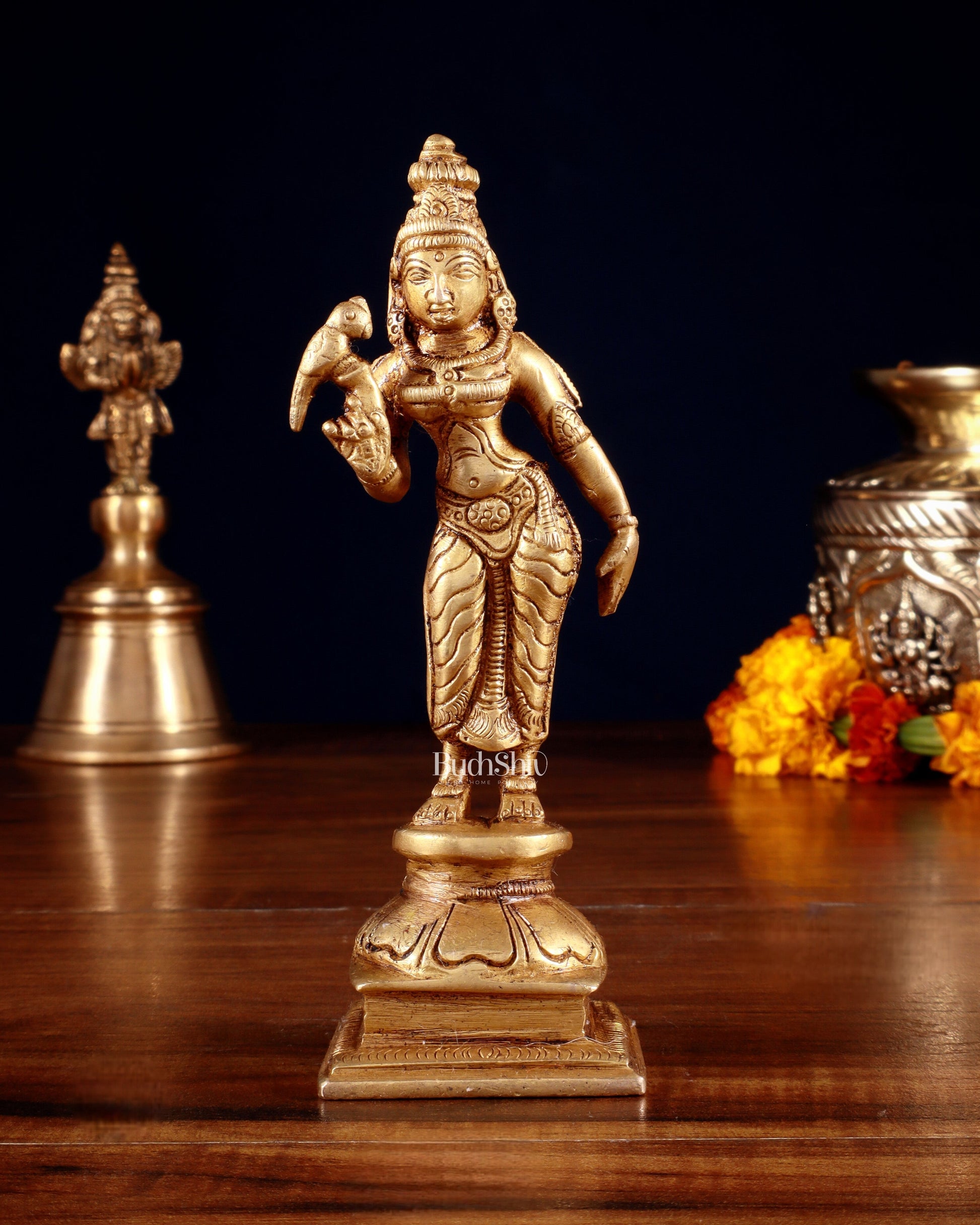Pure Brass Goddess Meenakshi Idol 6" - Sama Homes Idol - Brass Sculpture - Eco-friendly - Sama Homes