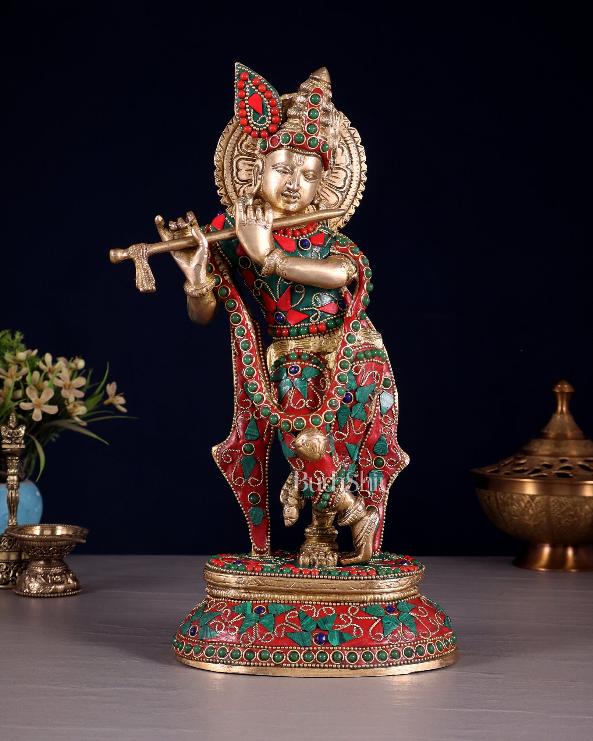 Pure Brass Lord Krishna Statue with Floral Stonework 11.5" - Sama Homes Idol - Brass Sculpture - Eco-friendly - Sama Homes