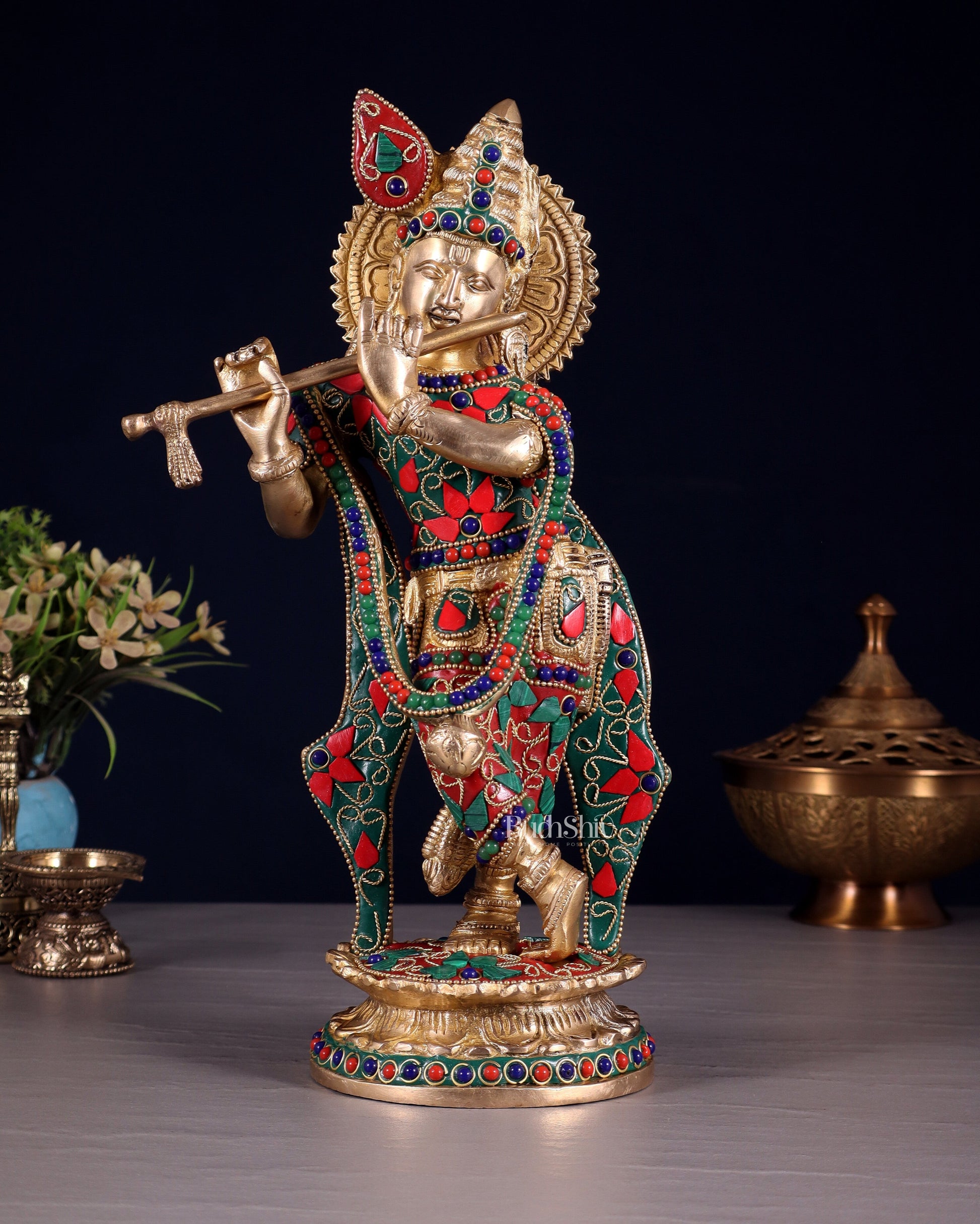 Pure Brass Lord Krishna Statue with Floral Stonework 11" - Sama Homes Idol - Brass Sculpture - Eco-friendly - Sama Homes