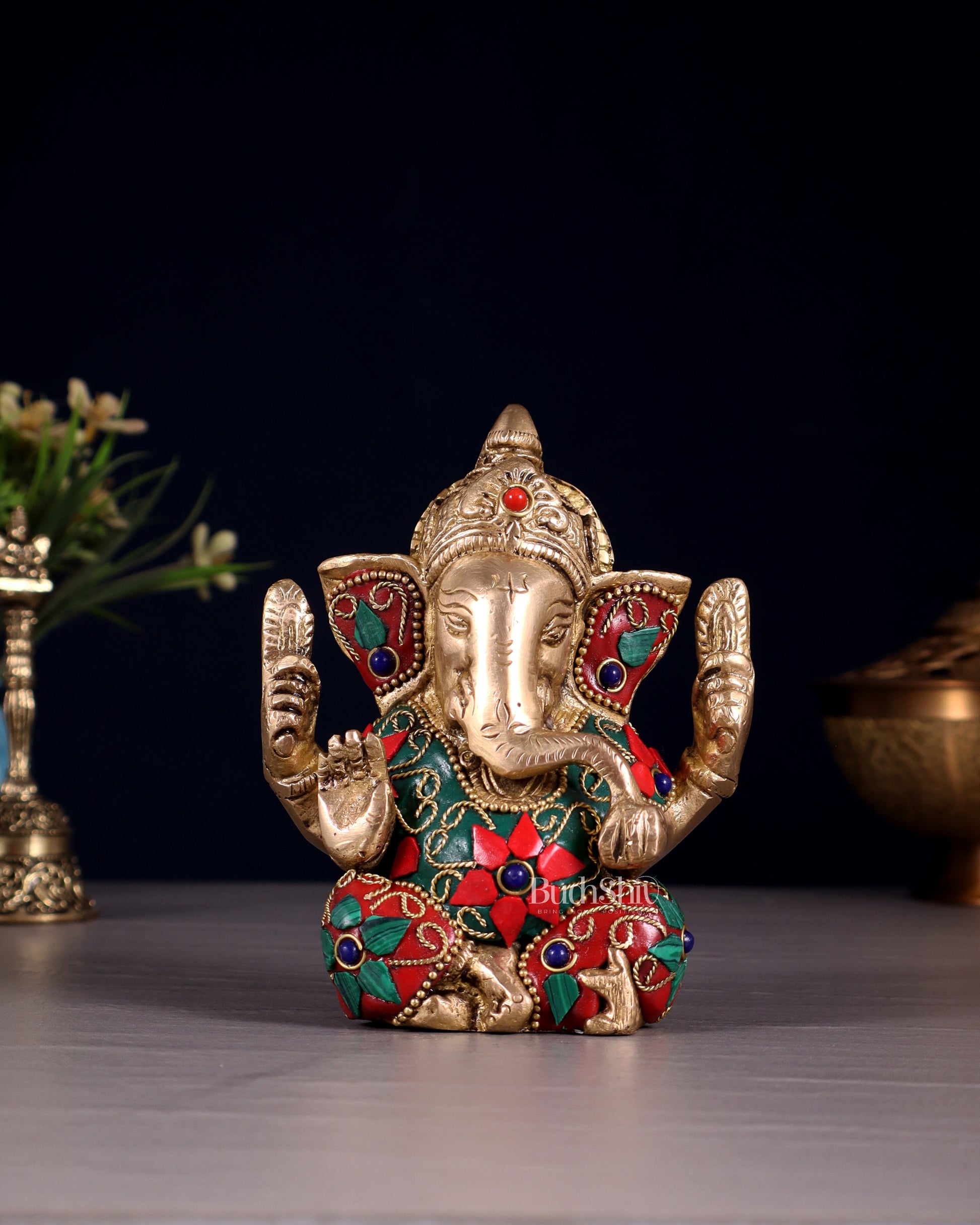 Small Pure Brass Lord Ganesha Idol floral Stonework - 5 Inch - Sama Homes Idol - Brass Sculpture - Eco-friendly - Sama Homes