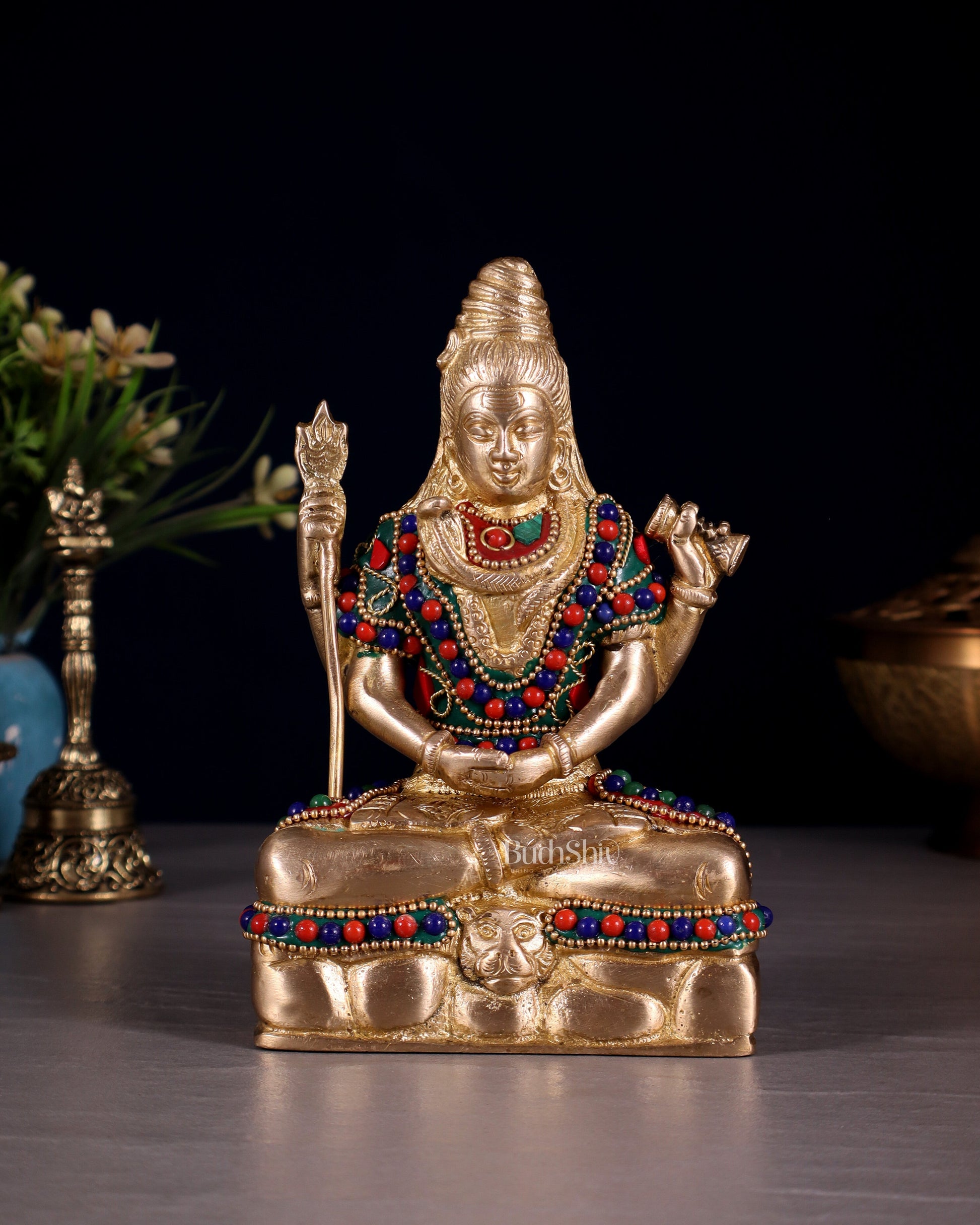 Brass Mahadev in Meditation – Lord Shiva Statue with Floral Stonework 6" | 100% Certified Copper & Brass - Sama Homes Idol - Brass Sculpture - Eco-friendly - Sama Homes