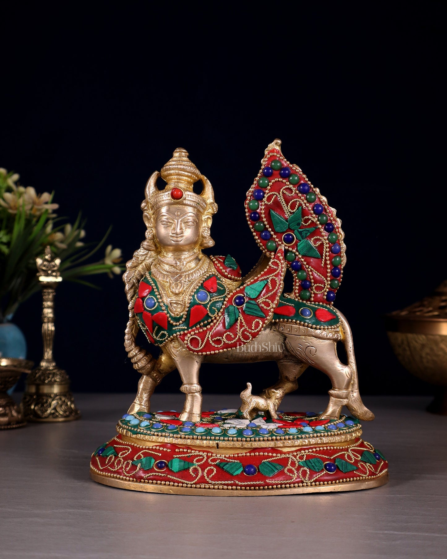 Pure Brass Kamadhenu Cow with Calf – Meenakari Stonework