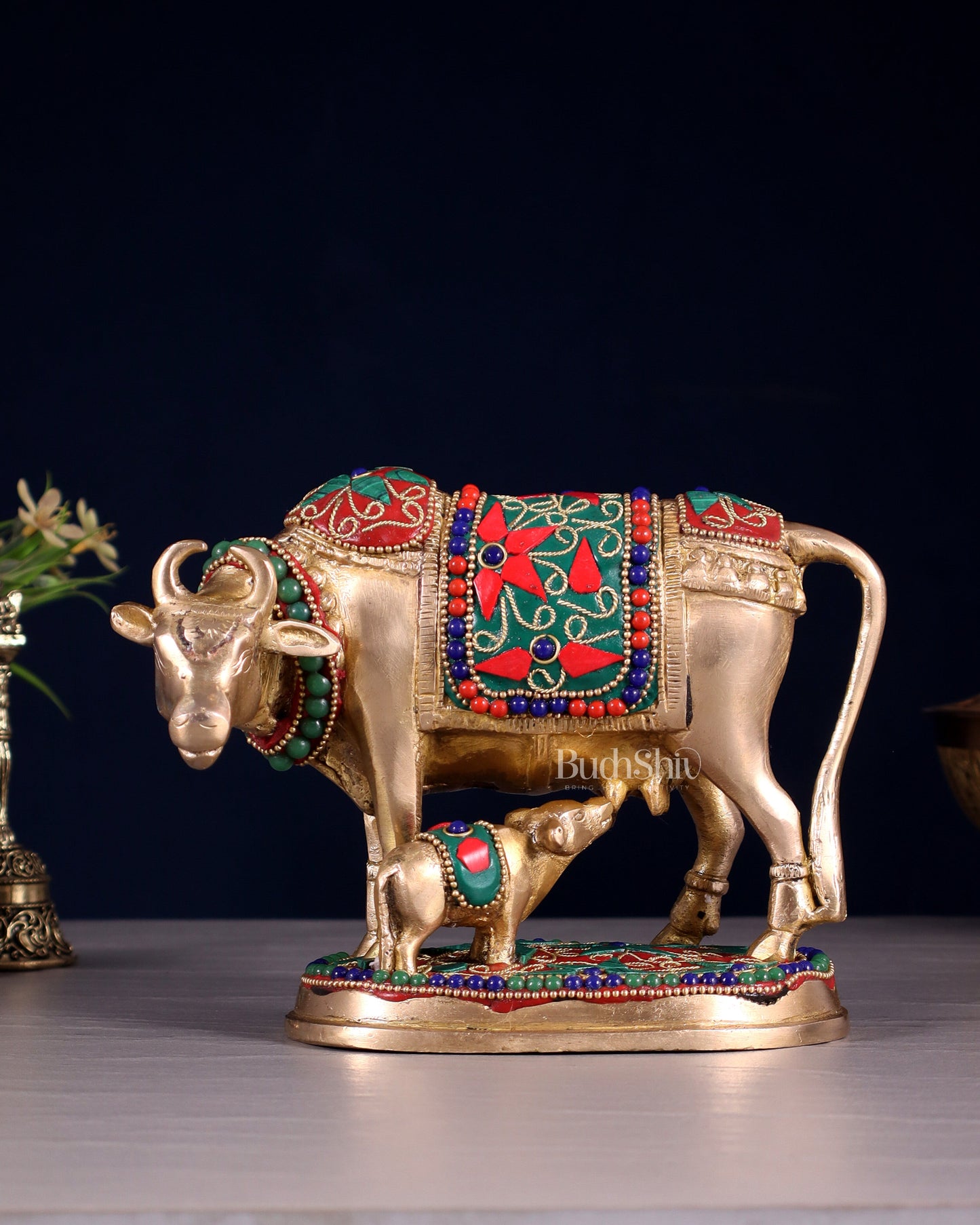 Brass Kamdhenu Cow with Calf Idol – 5" with floral stonework
