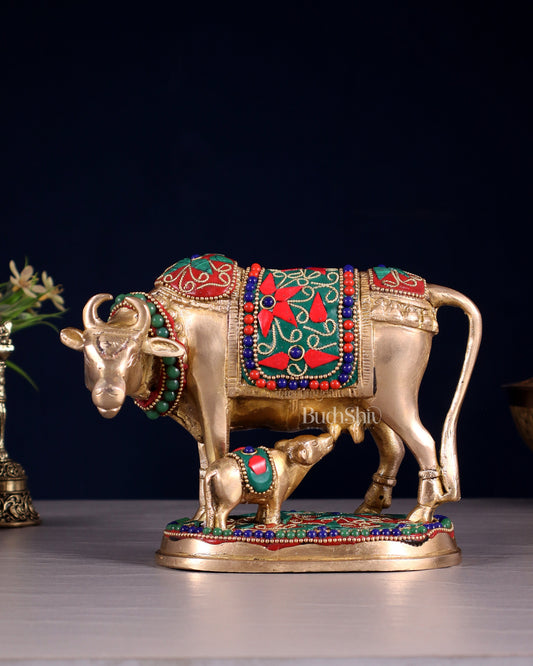 Brass Kamdhenu Cow with Calf Idol – 5" with floral stonework