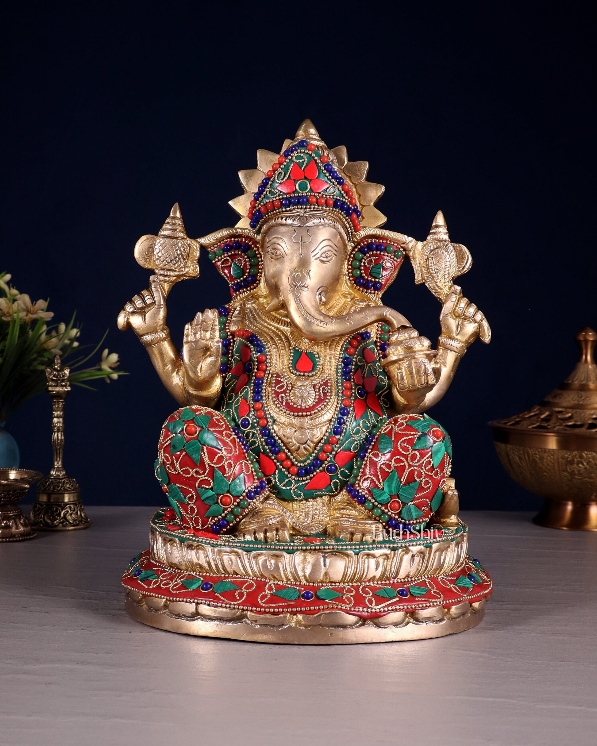 Brass Ganesha Idol with Floral Stonework 10" | 100% Certified Copper & Brass - Sama Homes Idol - Brass Sculpture - Eco-friendly - Sama Homes