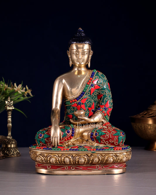 Pure Brass Buddha Statue with Floral Stonework 9" - Sama Homes Idol - Brass Sculpture