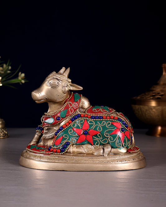 Brass Superfine Nandi Bull Idol | 5.5" floral stonework - Sama Homes Idol - Brass Sculpture