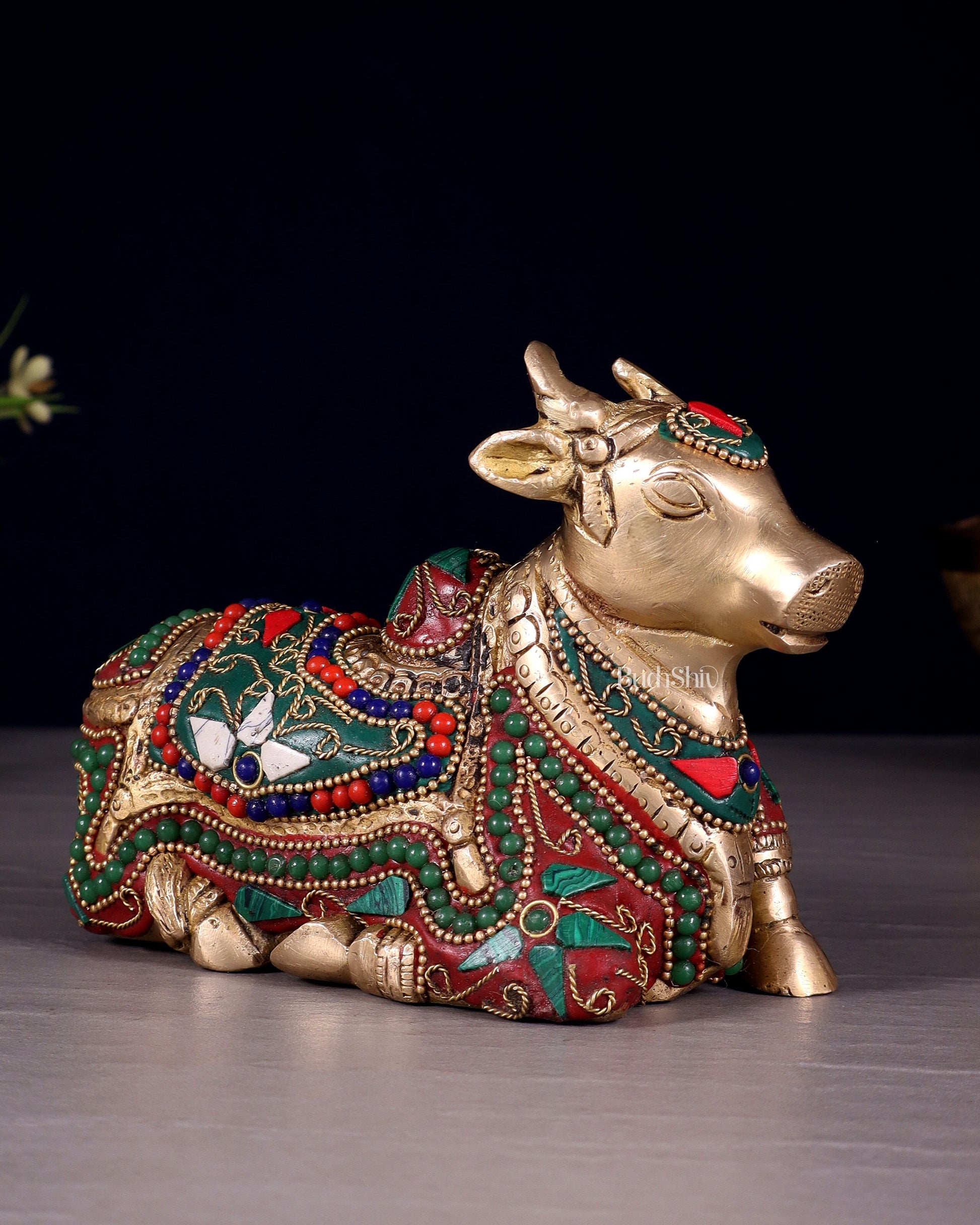 Brass Small Nandi Idol with floral Stonework | 6" | 100% Certified Copper & Brass - Sama Homes Idol - Brass Sculpture - Eco-friendly - Sama Homes
