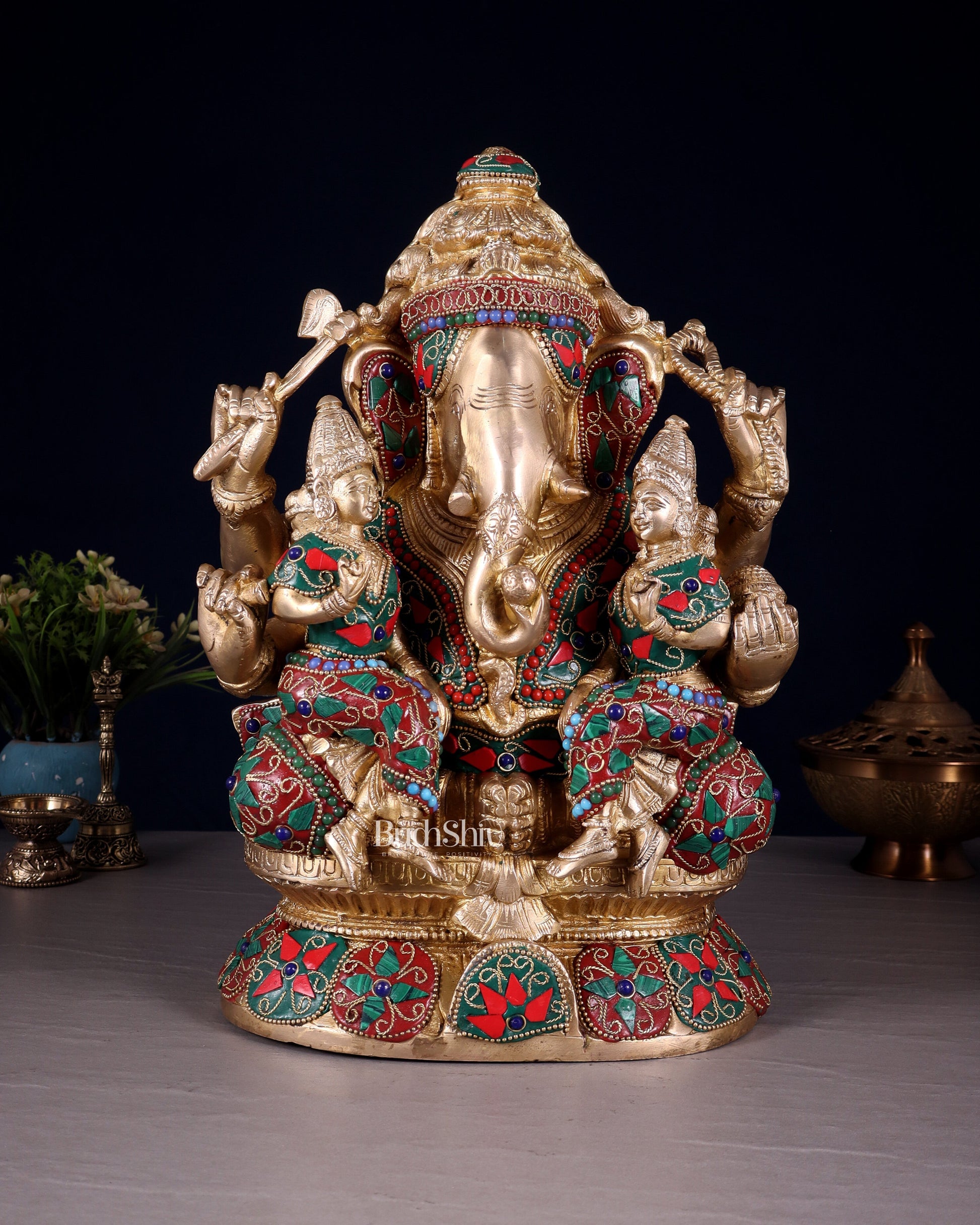 Brass Ganesha Riddhi Siddhi sculpture - 12 Inch | 100% Certified Copper & Brass - Sama Homes Idol - Brass Sculpture - Eco-friendly - Sama Homes