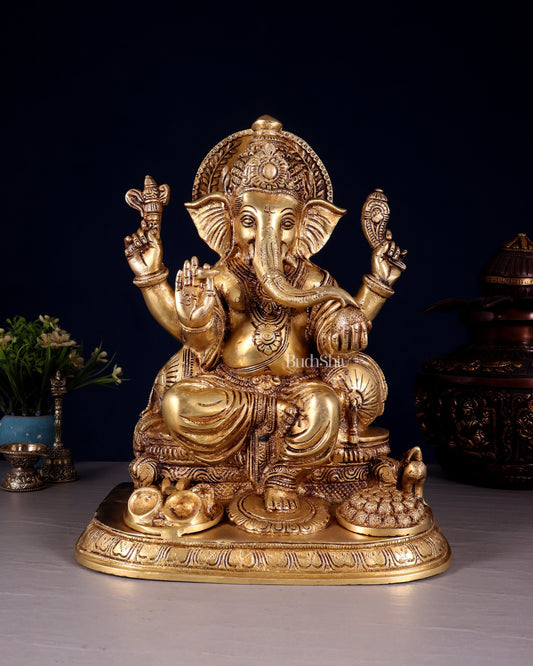 Ganesha Brass statue 13 inch enhanced carvings - Sama Homes Idol - Brass Sculpture