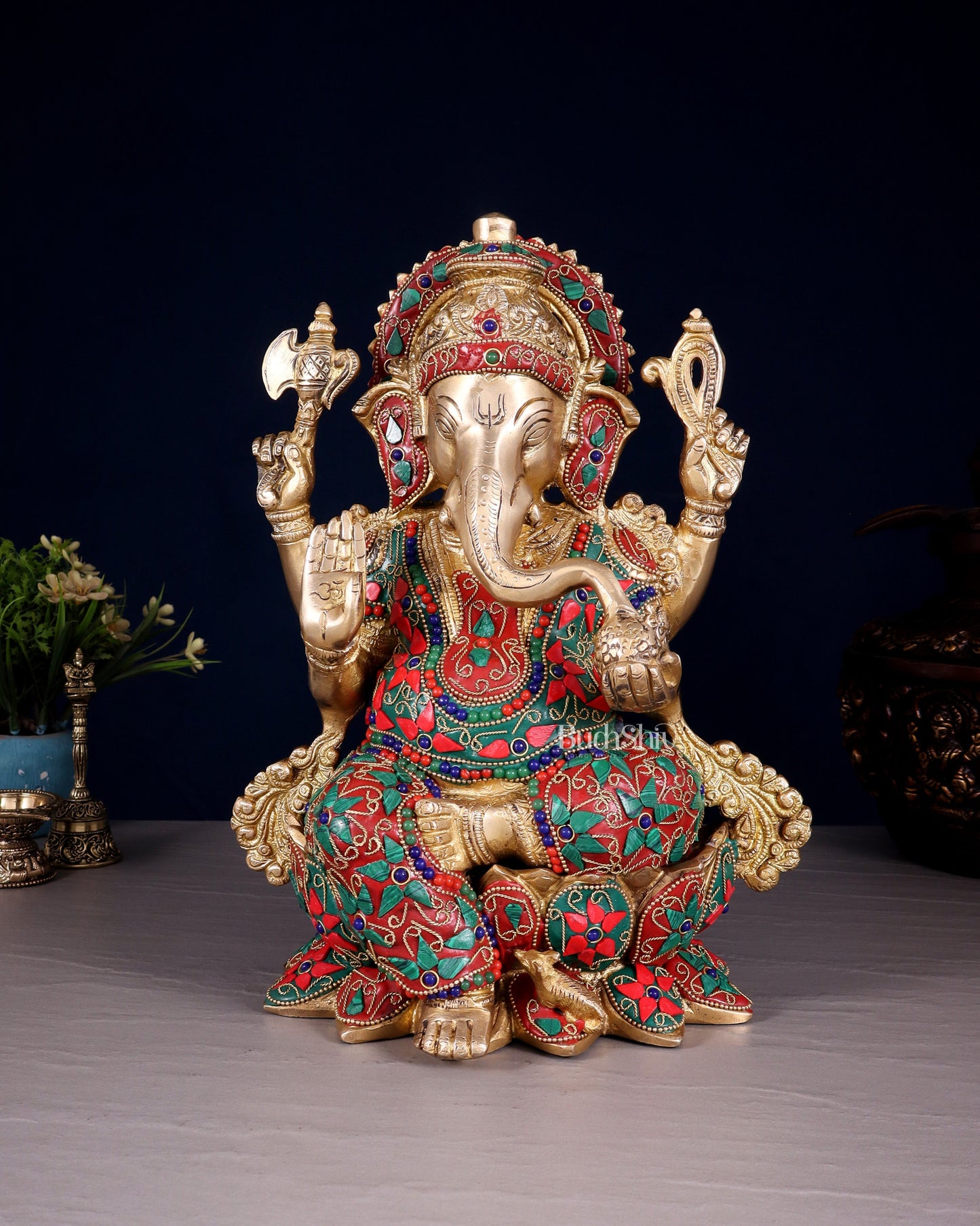 Brass Ganesha Statue on Lotus floral stonework - 12" | 100% Certified Copper & Brass - Sama Homes Idol - Brass Sculpture