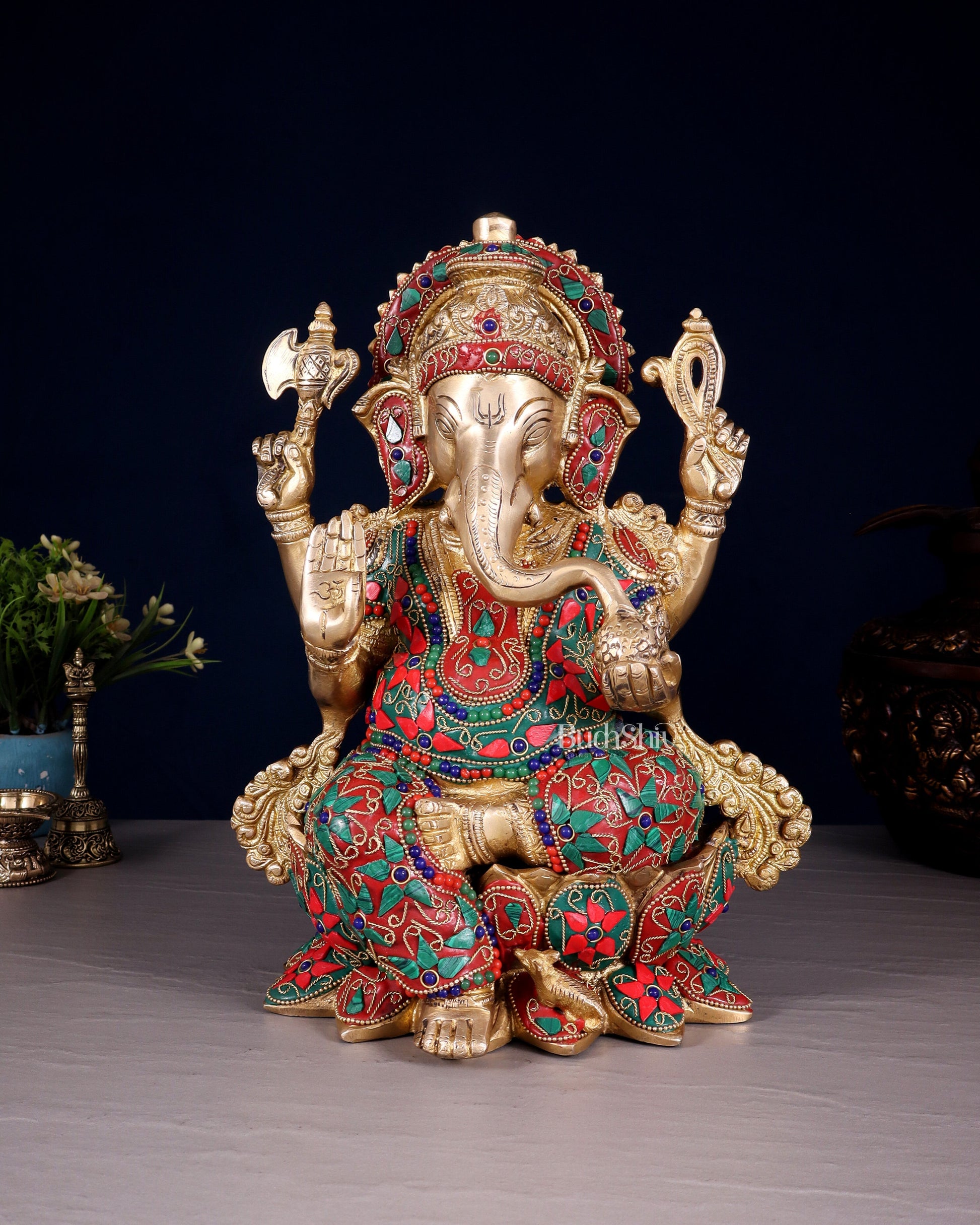 Brass Ganesha Statue on Lotus floral stonework - 12" | 100% Certified Copper & Brass - Sama Homes Idol - Brass Sculpture - Eco-friendly - Sama Homes