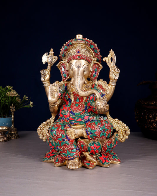 Brass Ganesha Statue on Lotus floral stonework - 12" | 100% Certified Copper & Brass - Sama Homes Idol - Brass Sculpture