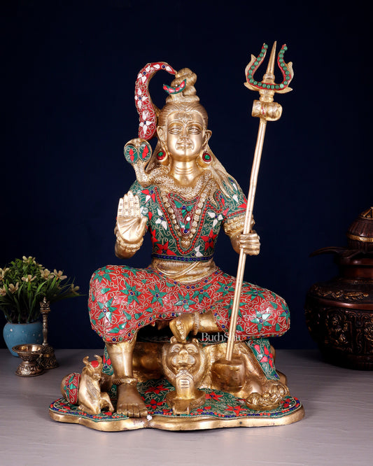 Lord Shiva Brass Statue with Stonework - 18" - Sama Homes Idol - Brass Sculpture